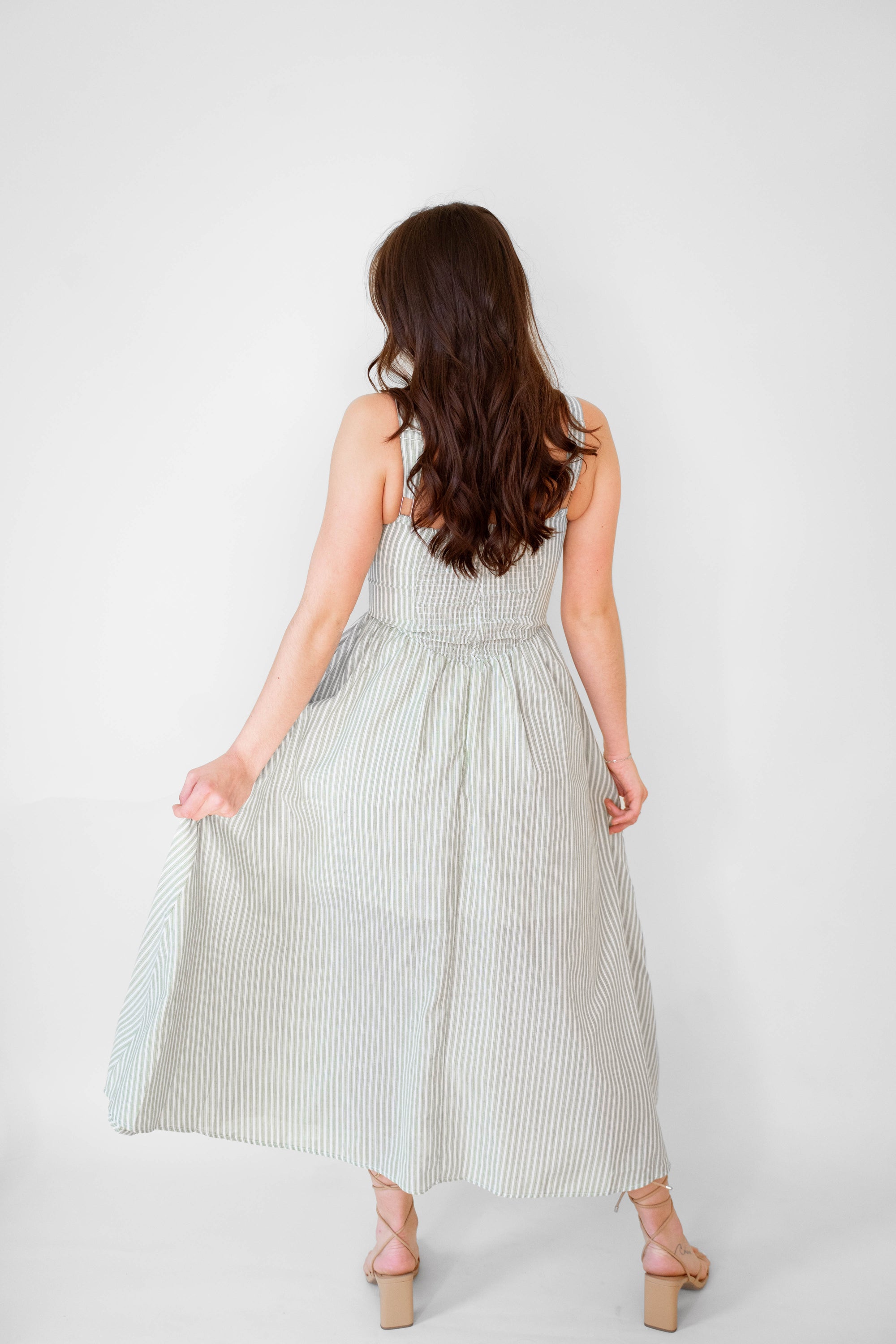 Lucia Sage Stripe Linen Midi Dress