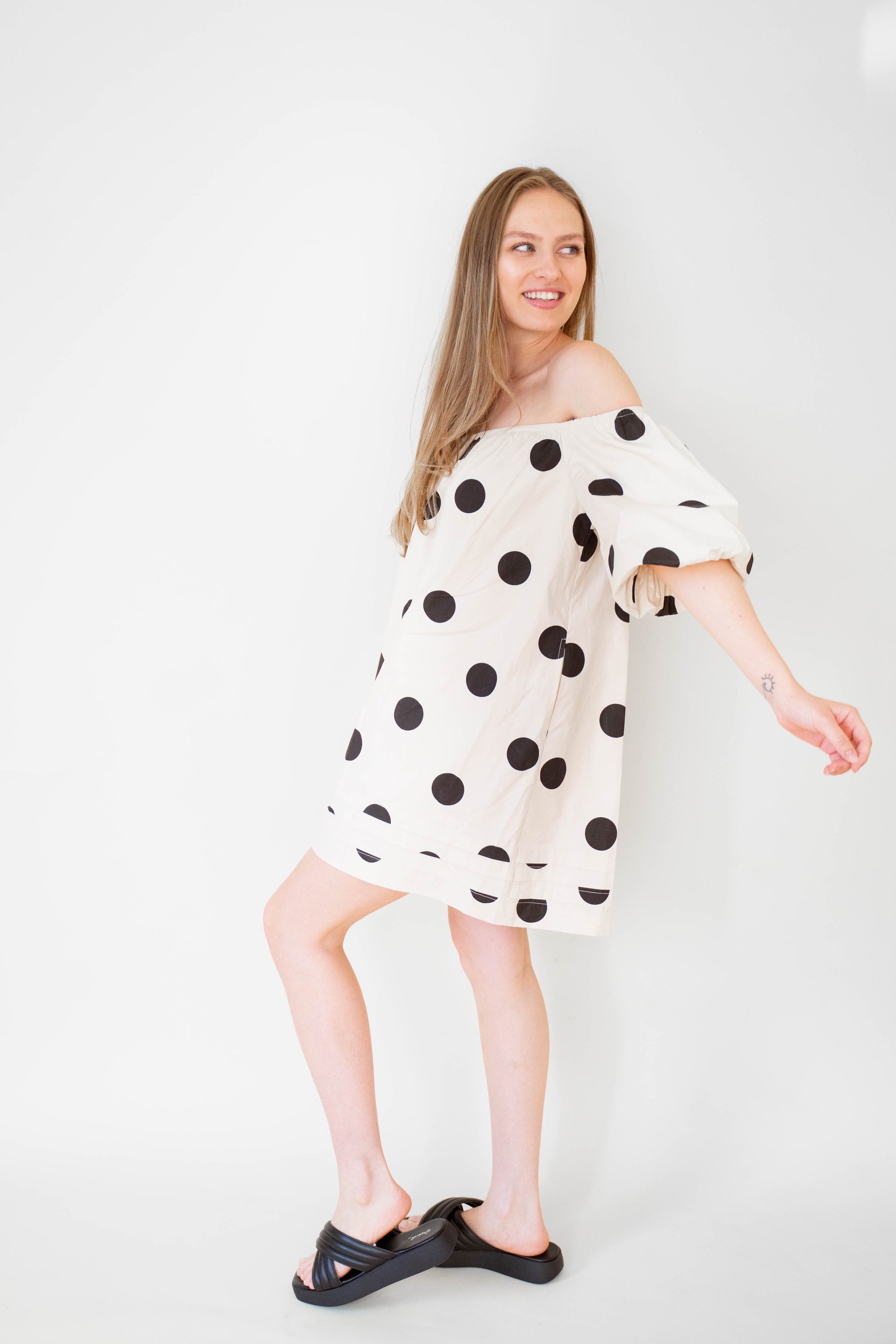Large Polkadot Cream 100% Cotton Dress