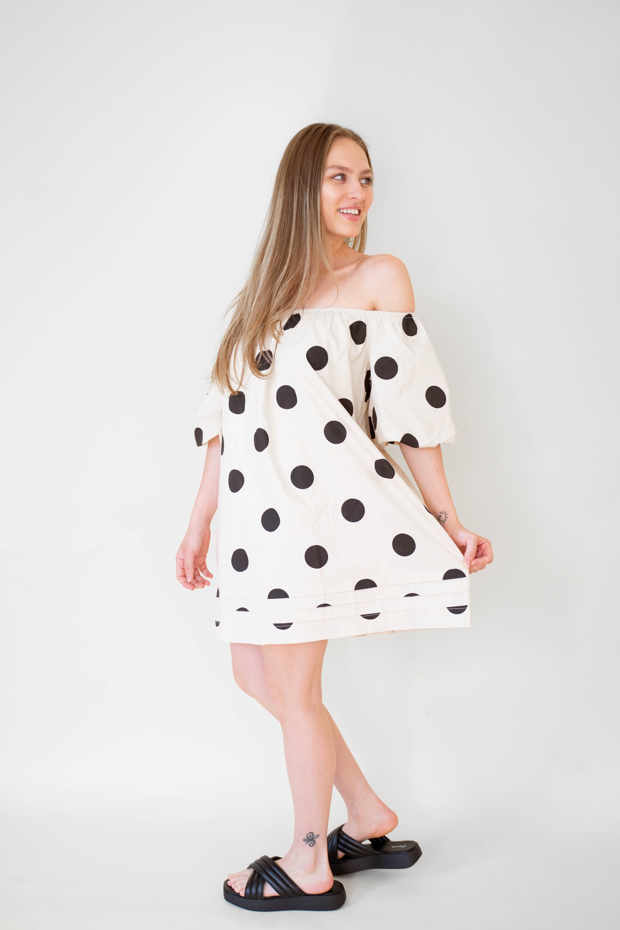 Large Polkadot Cream 100% Cotton Dress