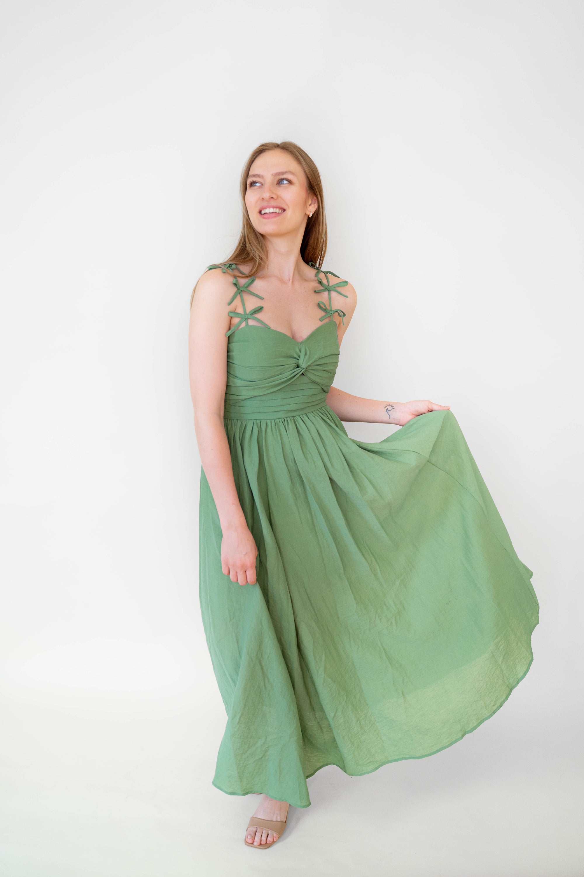 Green Bow Detail Cotton Blend Dress