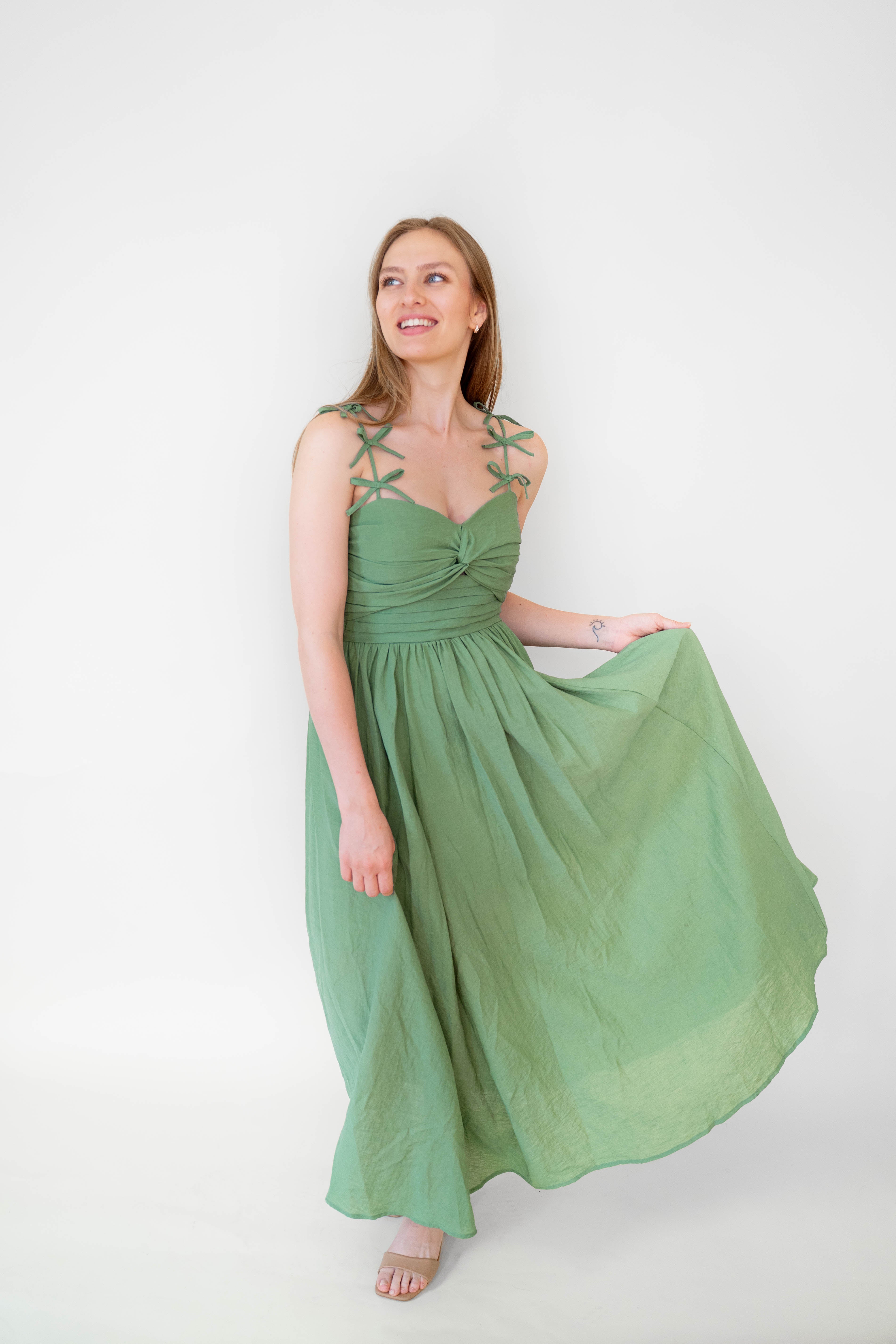 Green Bow Detail Cotton Blend Dress