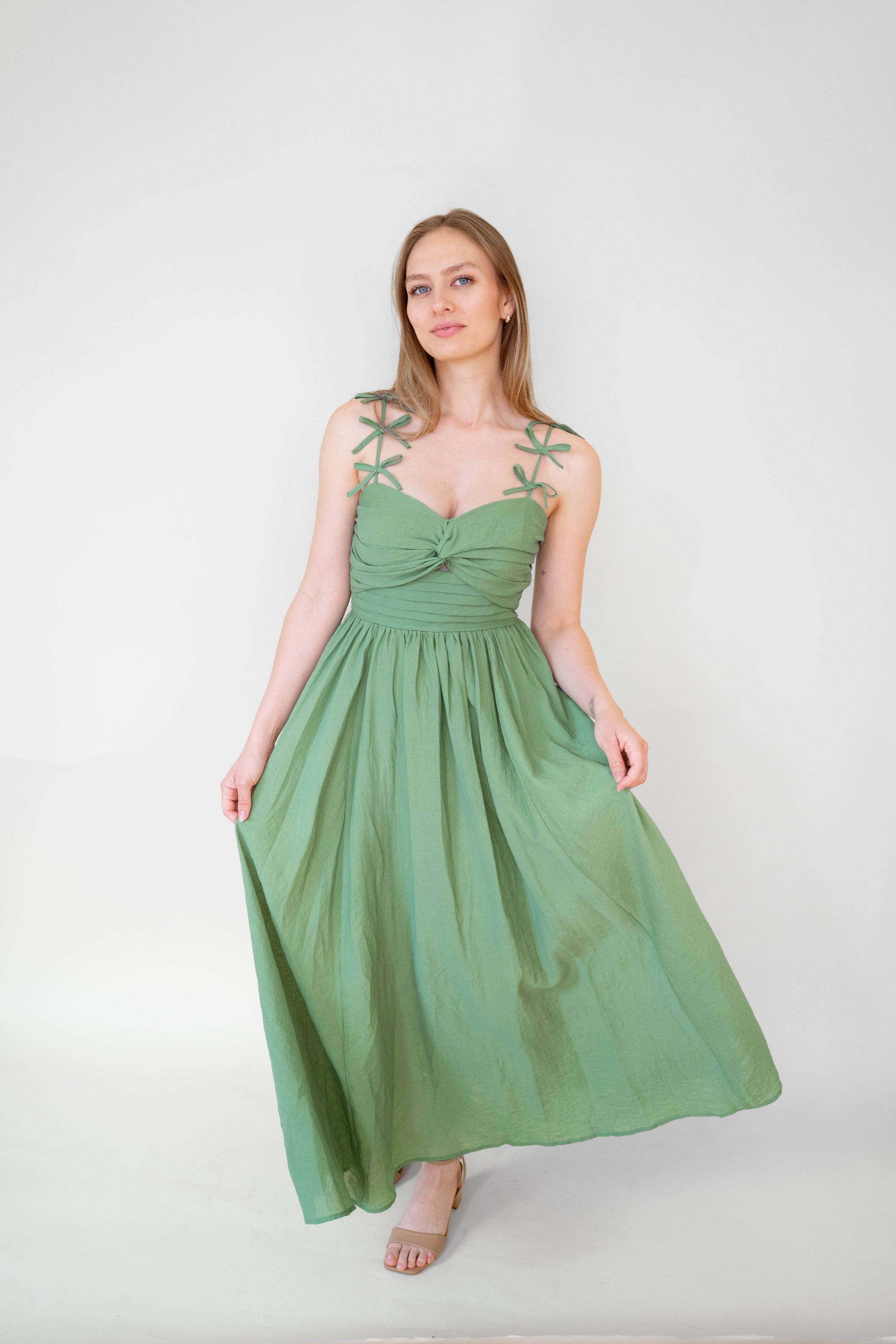 Green Bow Detail Cotton Blend Dress