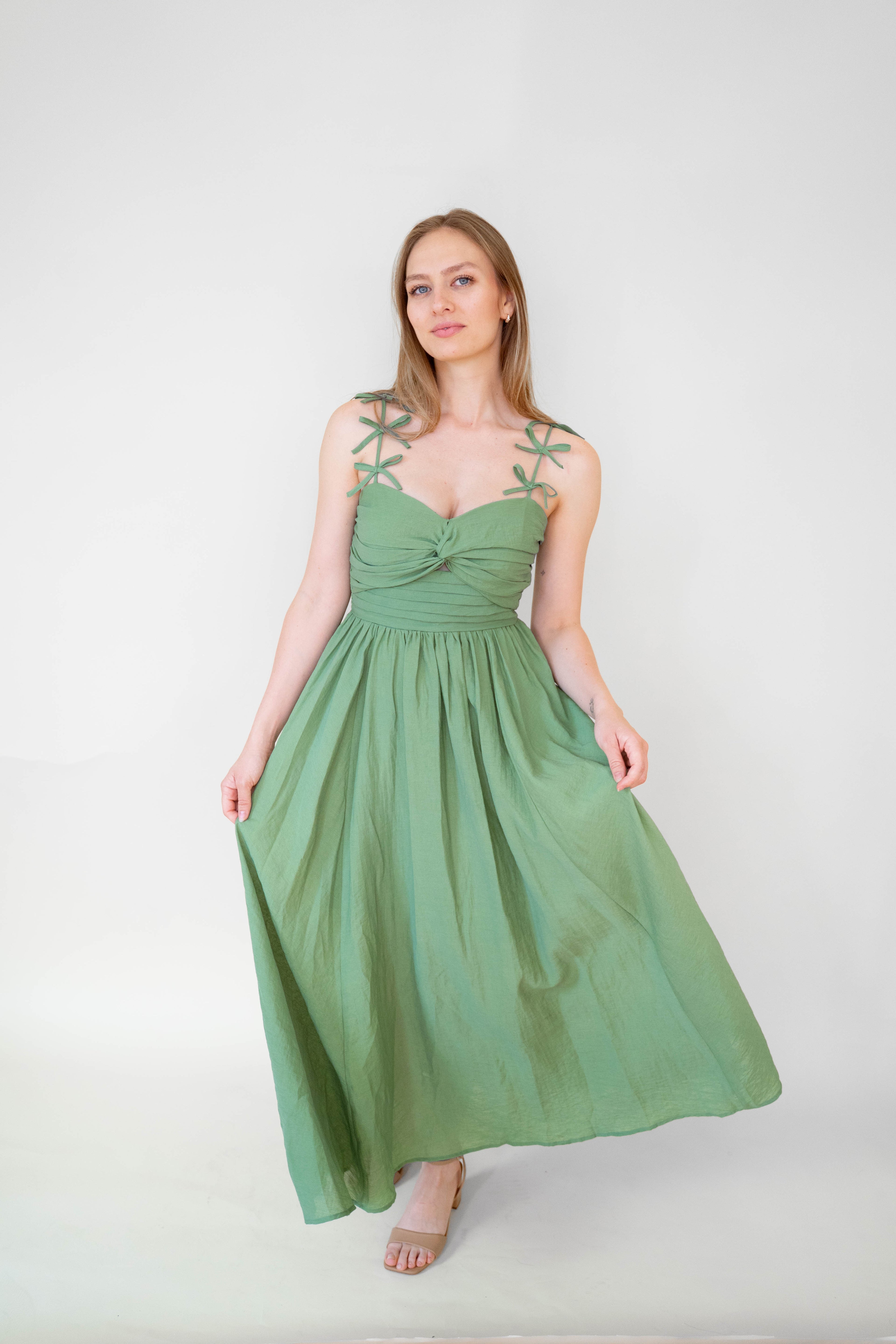 Green Bow Detail Cotton Blend Dress