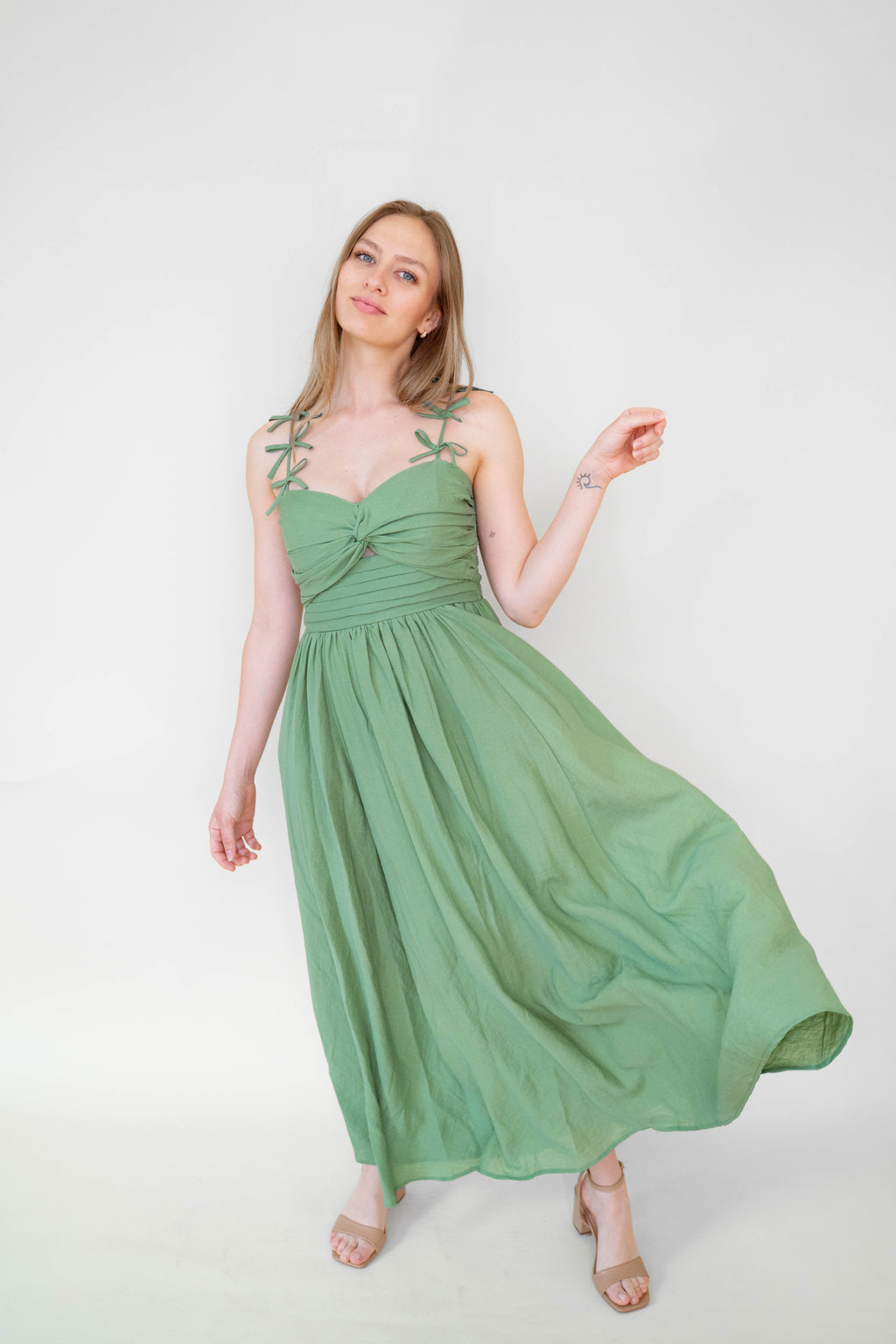 Green Bow Detail Cotton Blend Dress