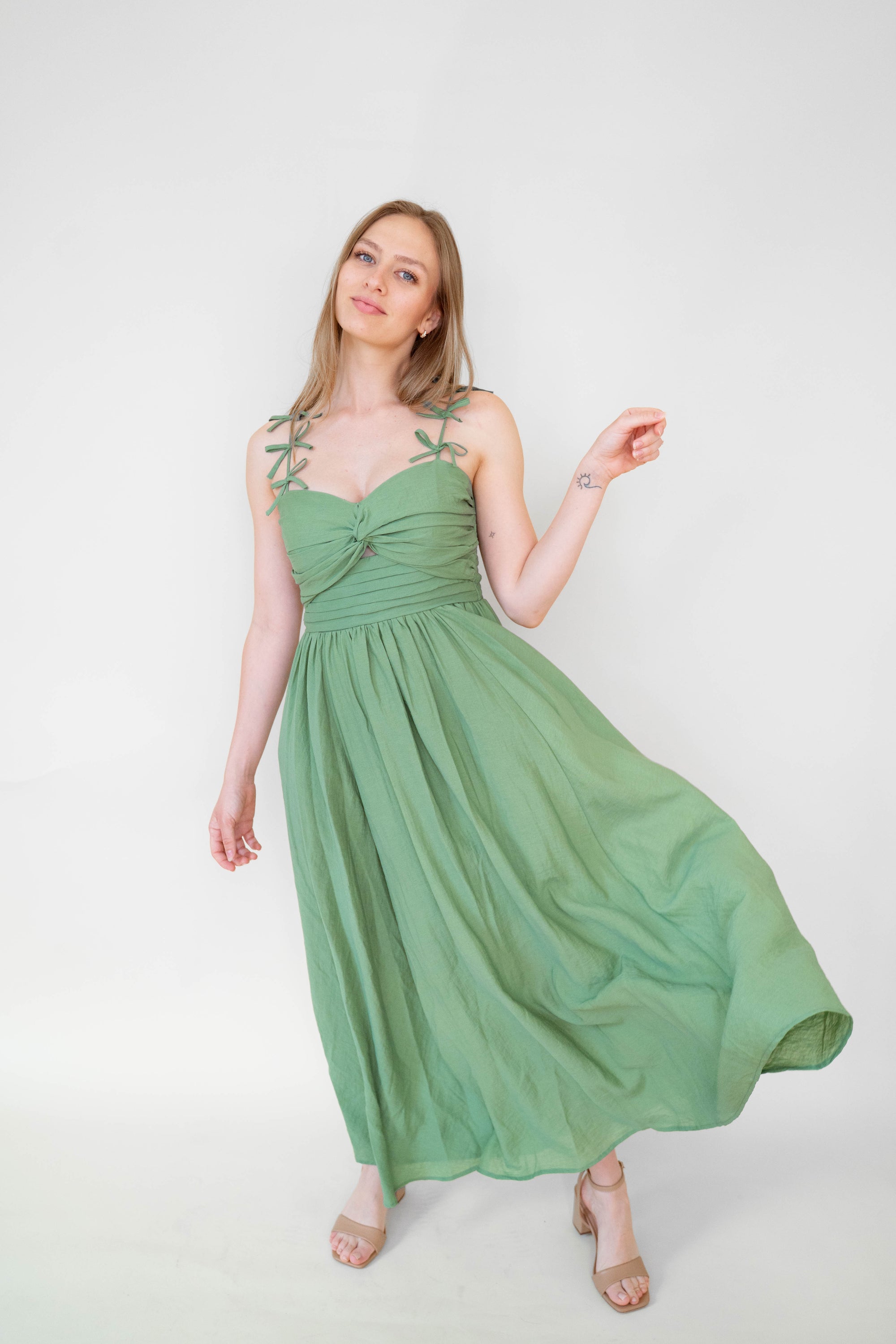 Green Bow Detail Cotton Blend Dress
