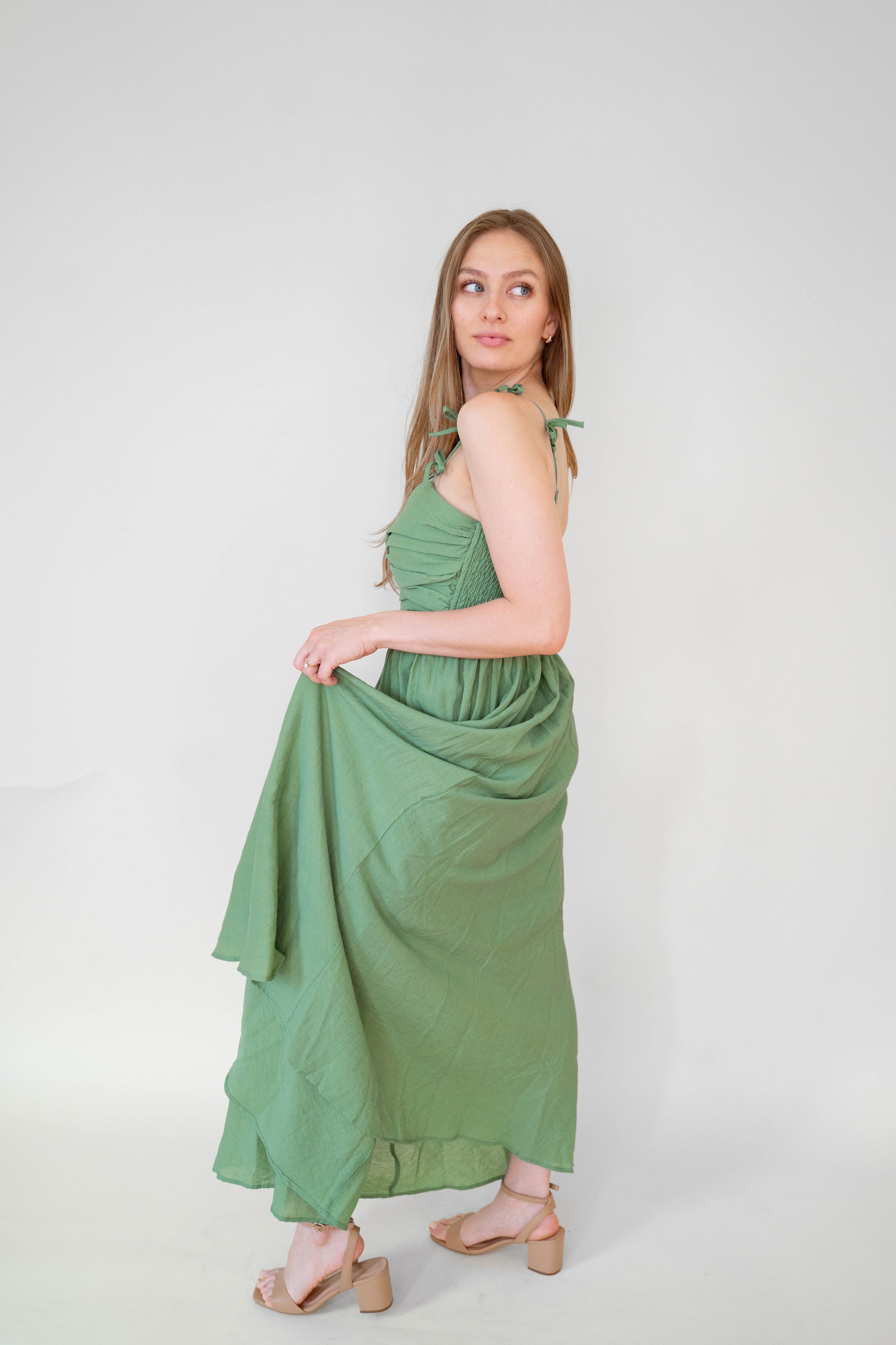 Green Bow Detail Cotton Blend Dress