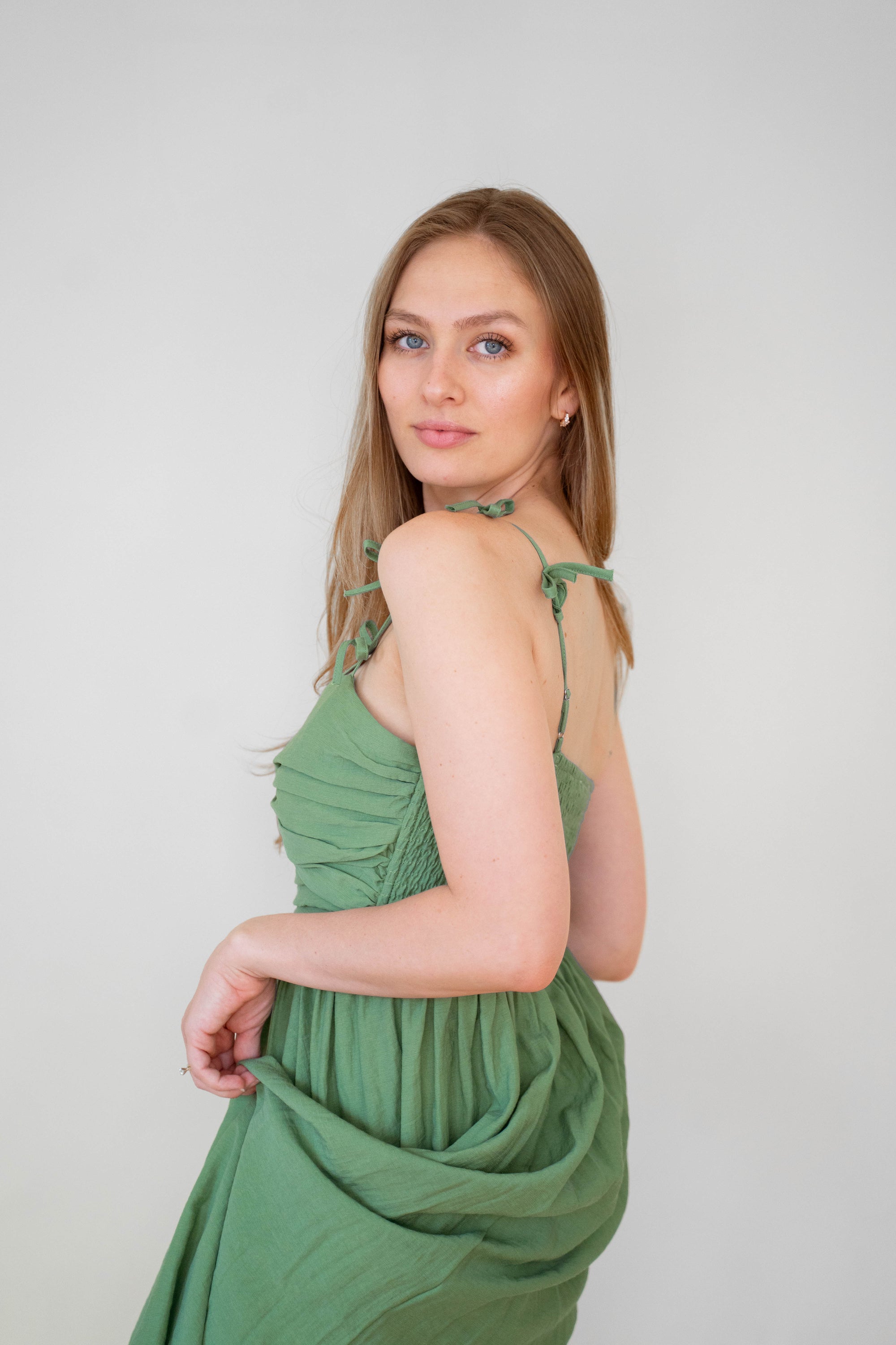 Green Bow Detail Cotton Blend Dress