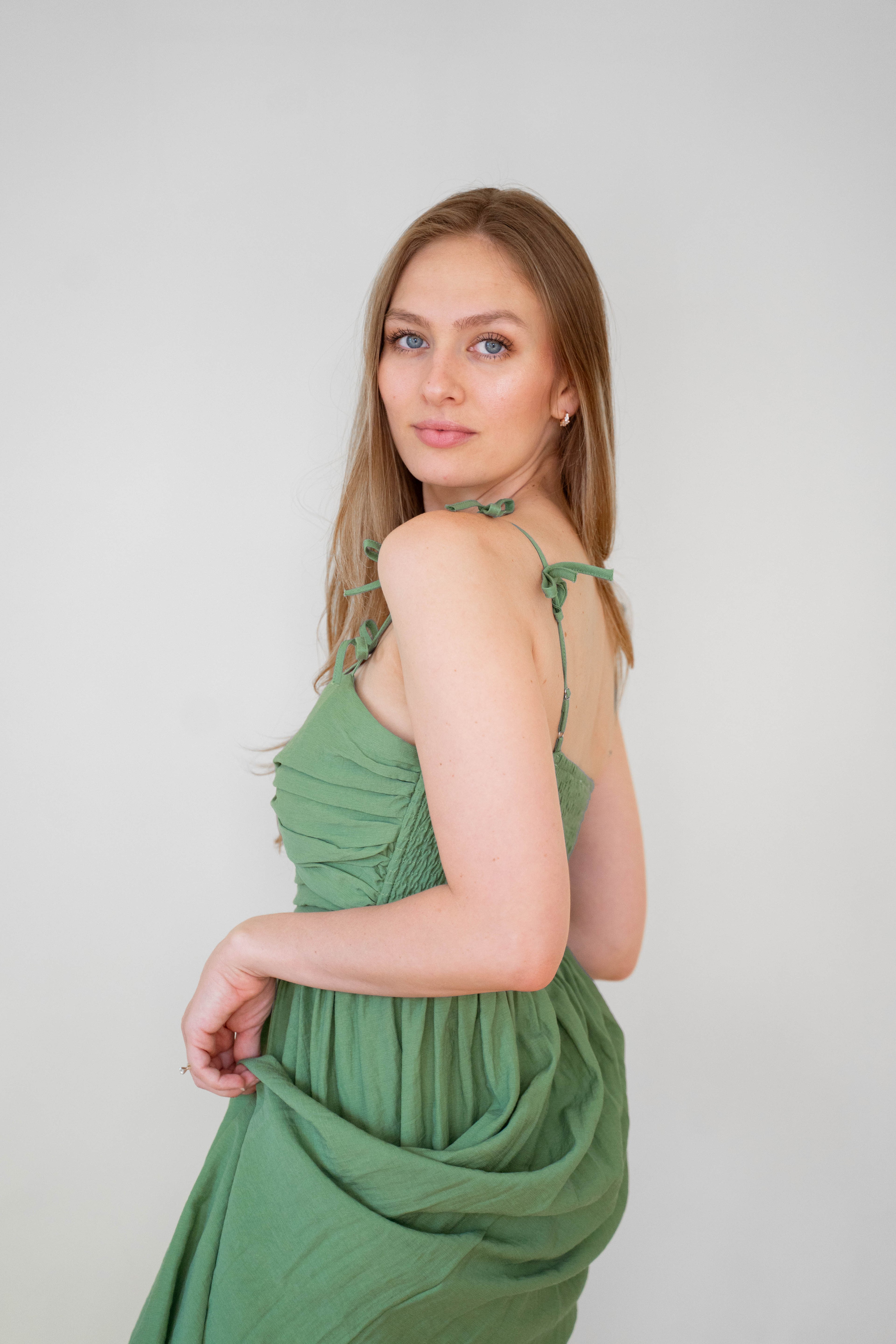 Green Bow Detail Cotton Blend Dress