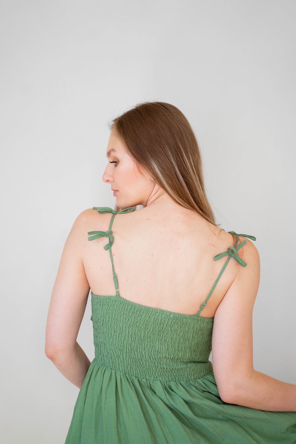 Green Bow Detail Cotton Blend Dress