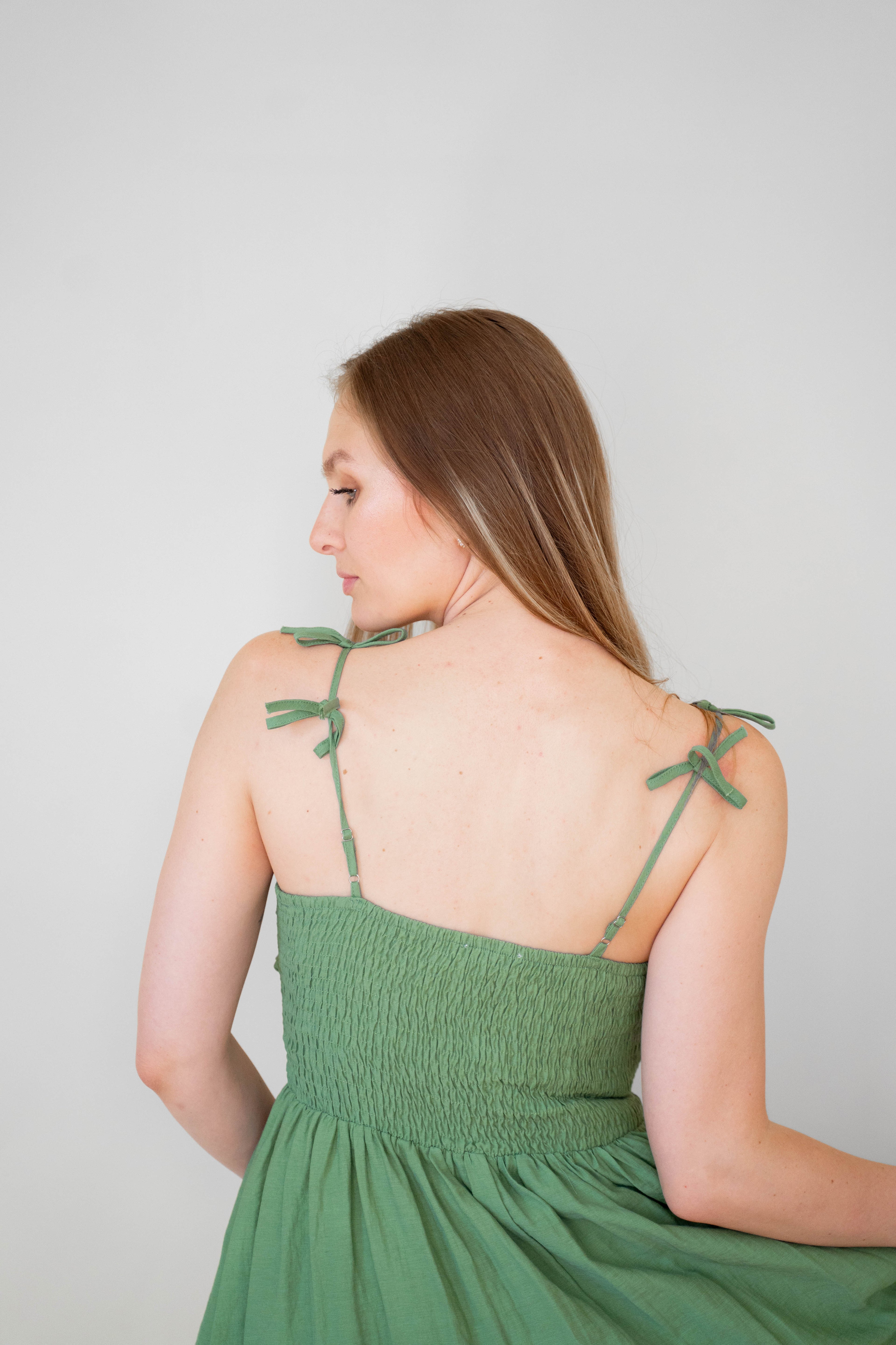 Green Bow Detail Cotton Blend Dress