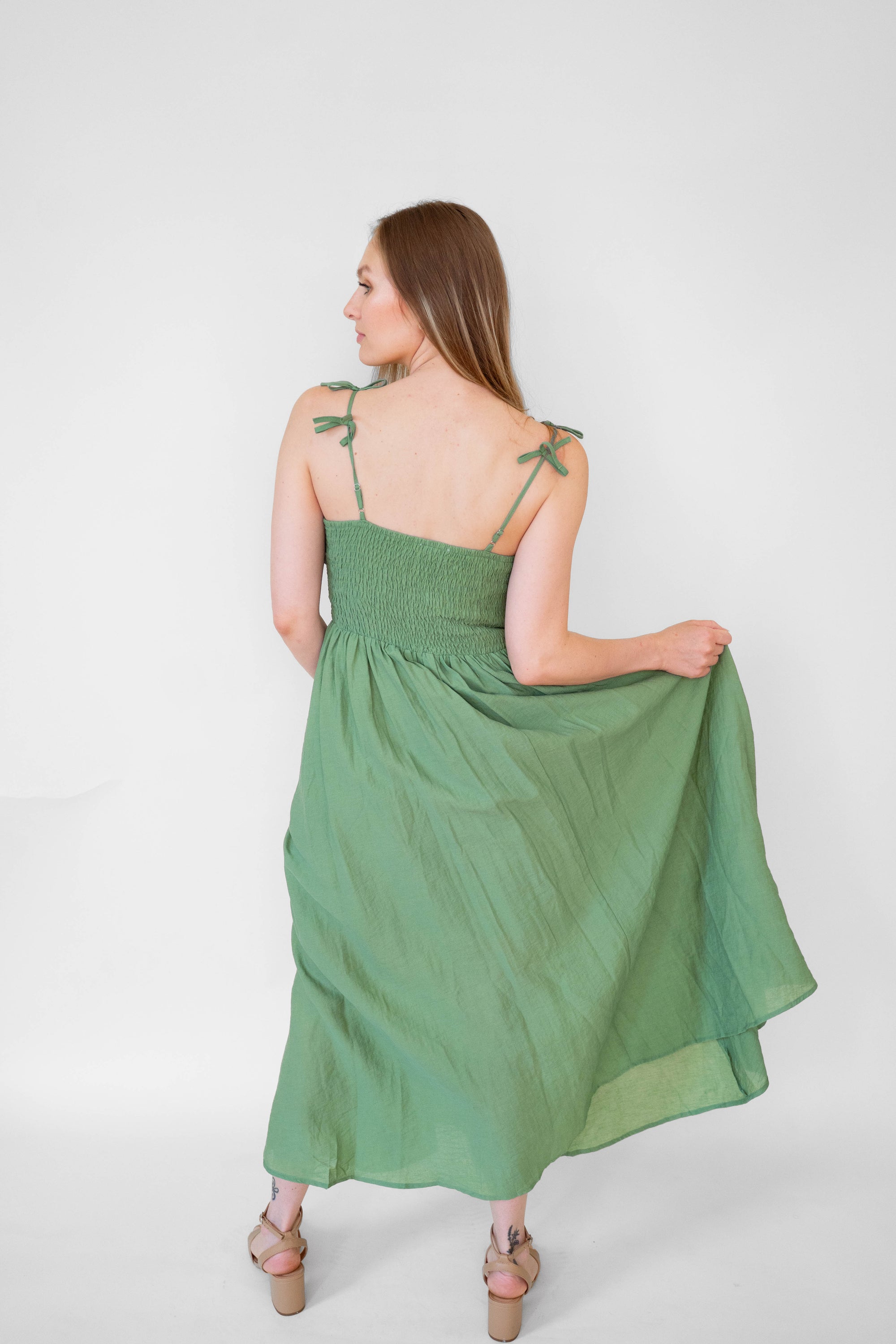 Green Bow Detail Cotton Blend Dress