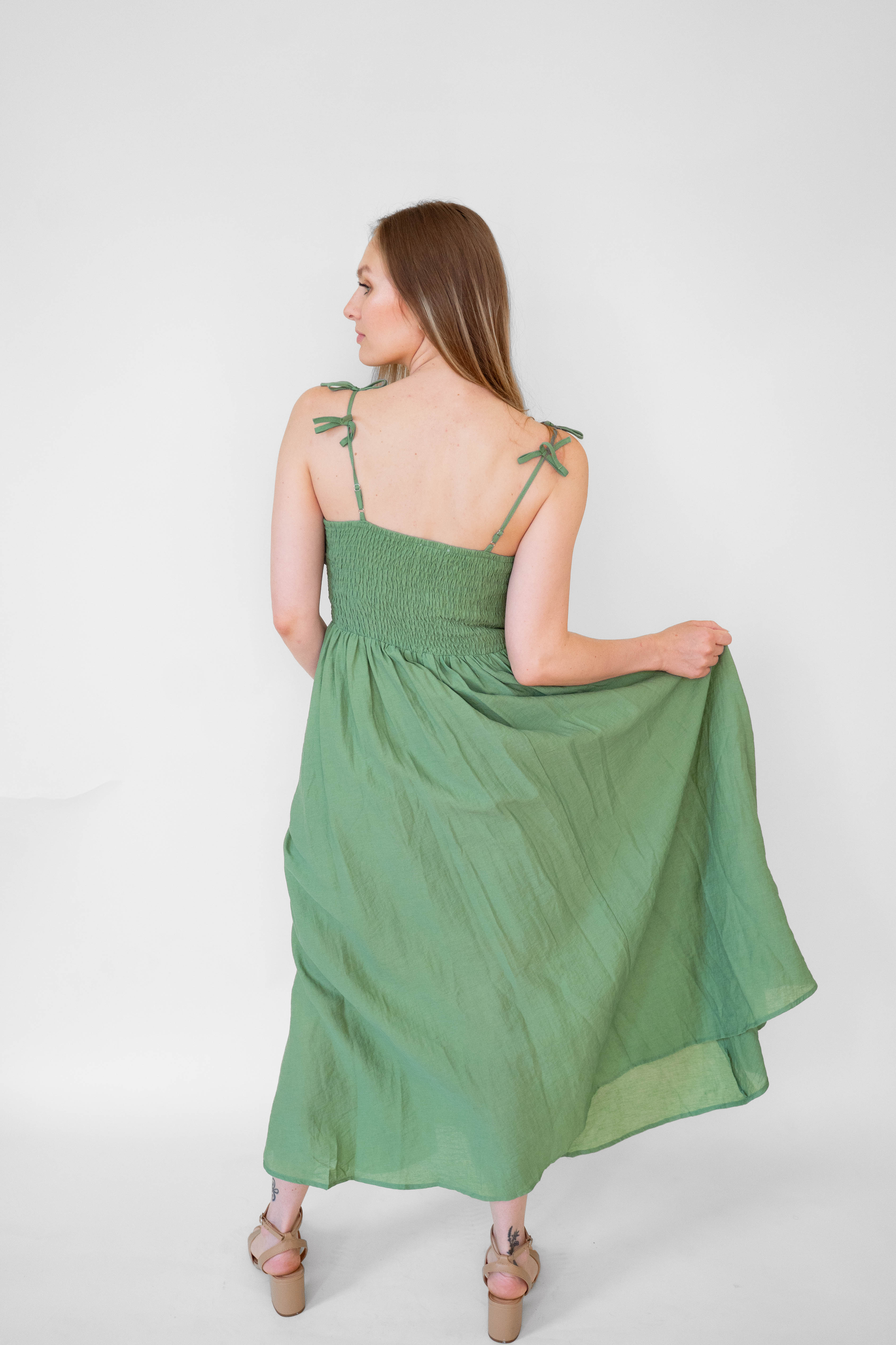 Green Bow Detail Cotton Blend Dress