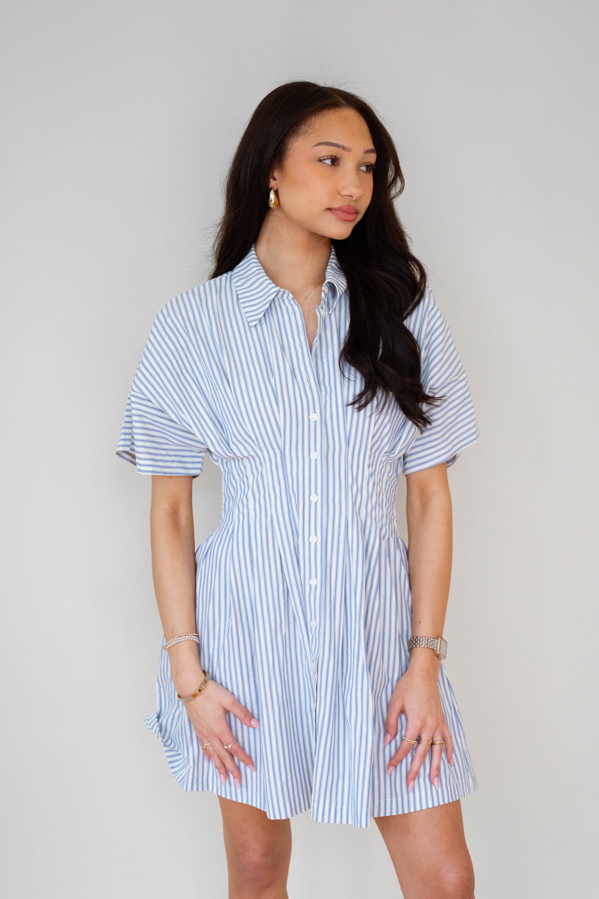 STRIPE BUTTON-DOWN MINI DRESS WITH FITTED WAIST