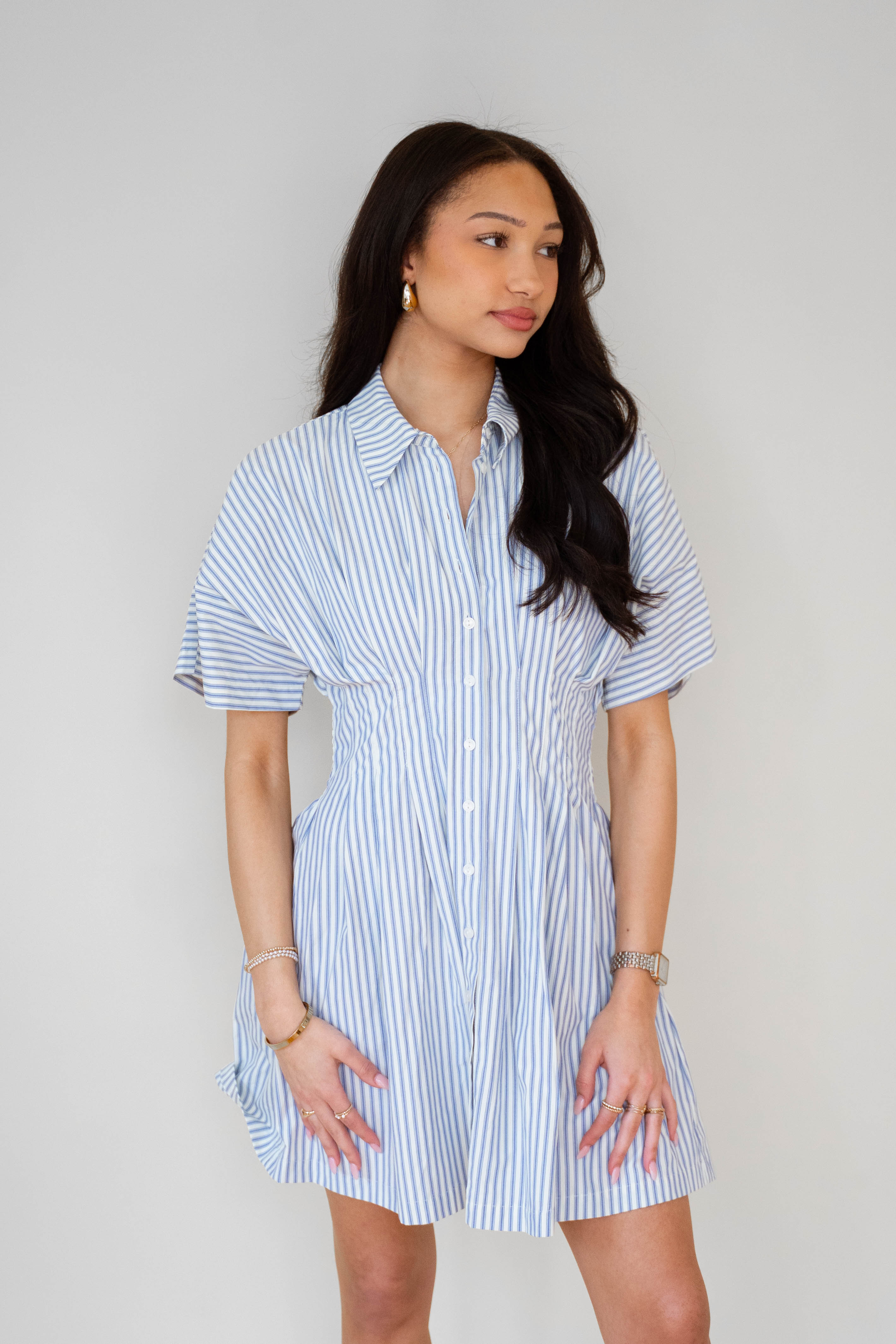 STRIPE BUTTON-DOWN MINI DRESS WITH FITTED WAIST