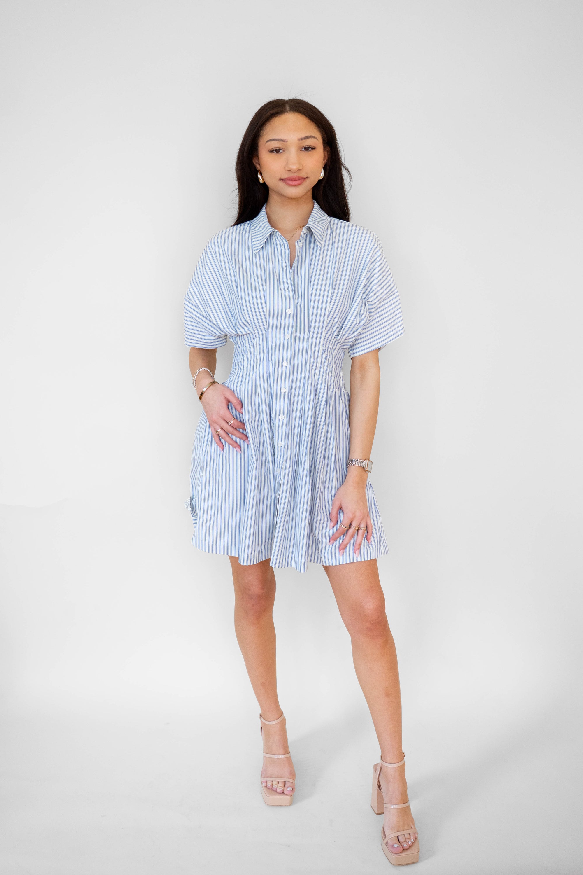 STRIPE BUTTON-DOWN MINI DRESS WITH FITTED WAIST