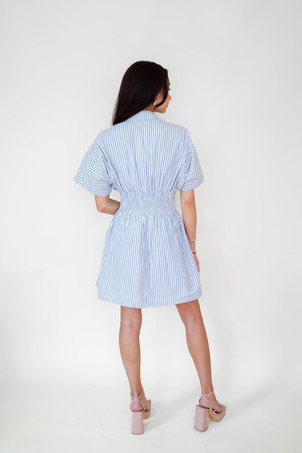 STRIPE BUTTON-DOWN MINI DRESS WITH FITTED WAIST