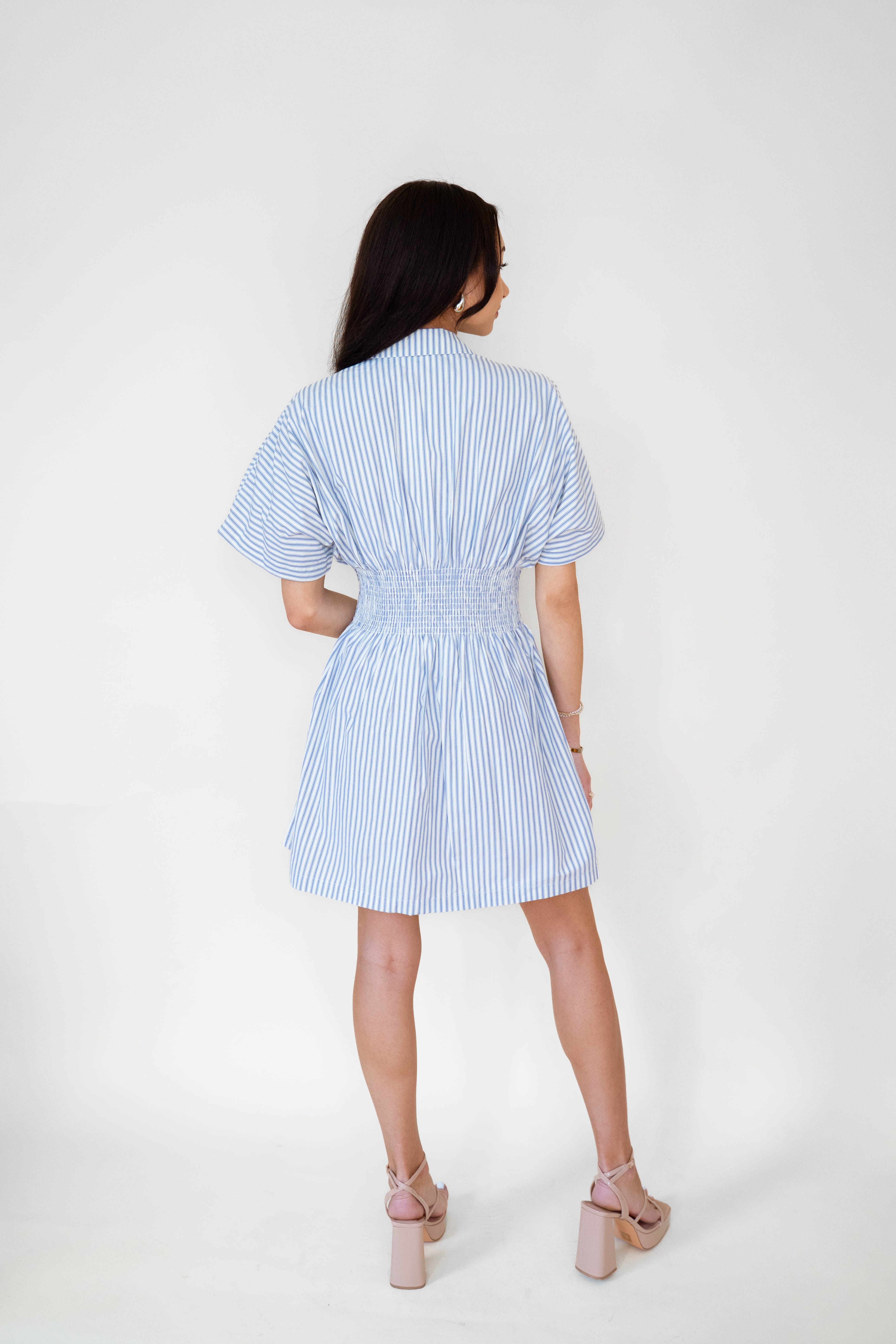 STRIPE BUTTON-DOWN MINI DRESS WITH FITTED WAIST