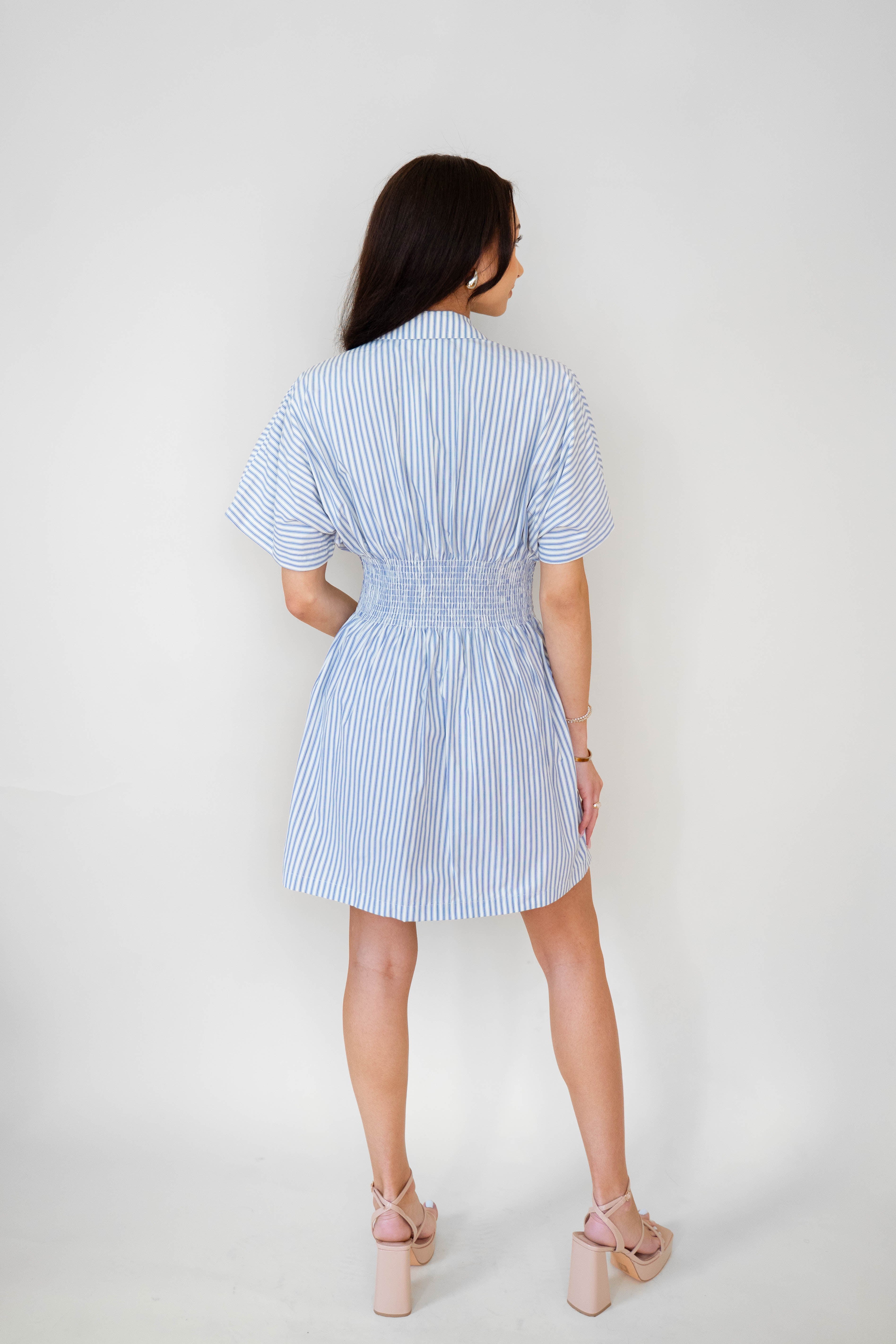 STRIPE BUTTON-DOWN MINI DRESS WITH FITTED WAIST