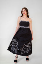Noir 100% Cotton Embroidered Midi Dress