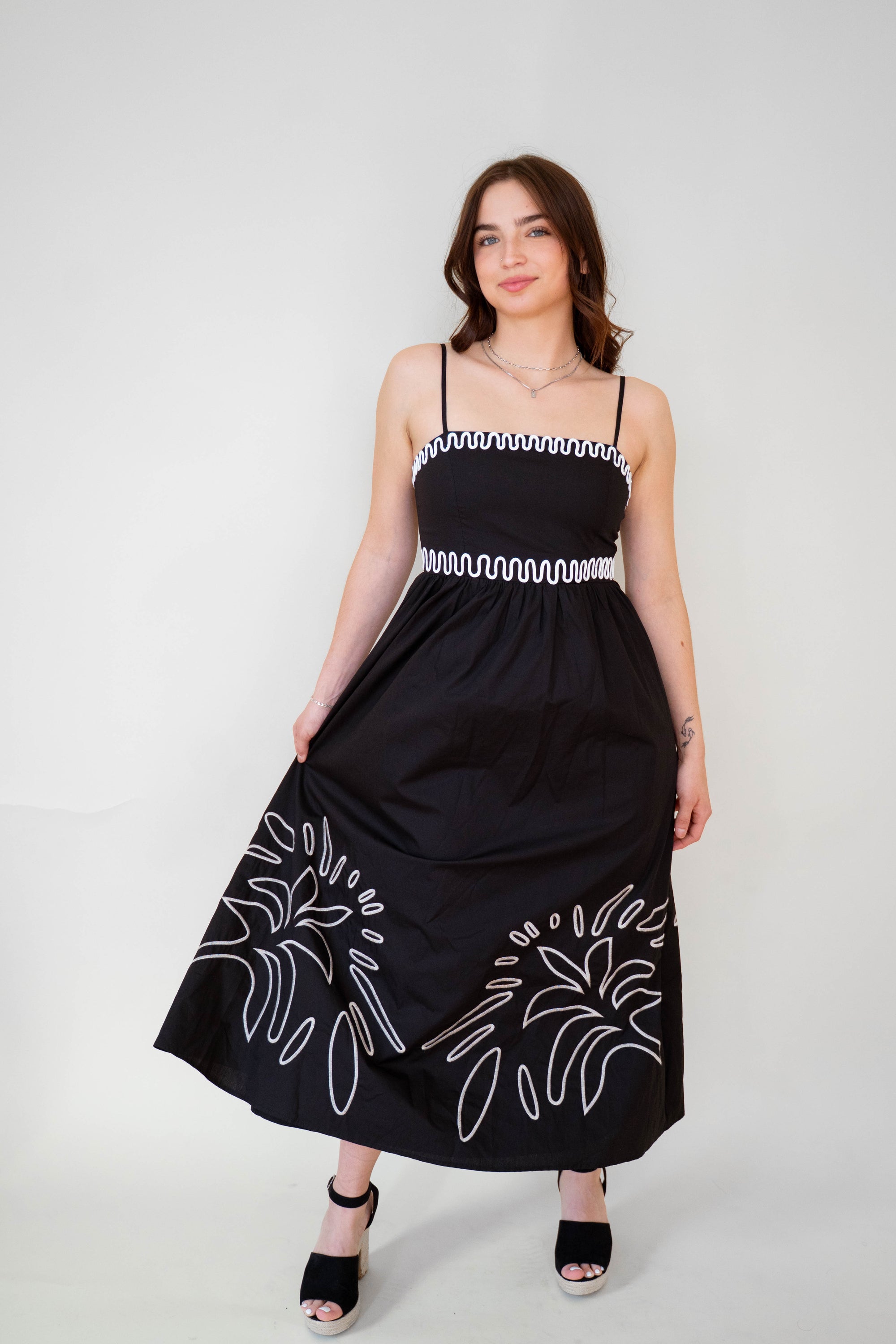 Noir 100% Cotton Embroidered Midi Dress