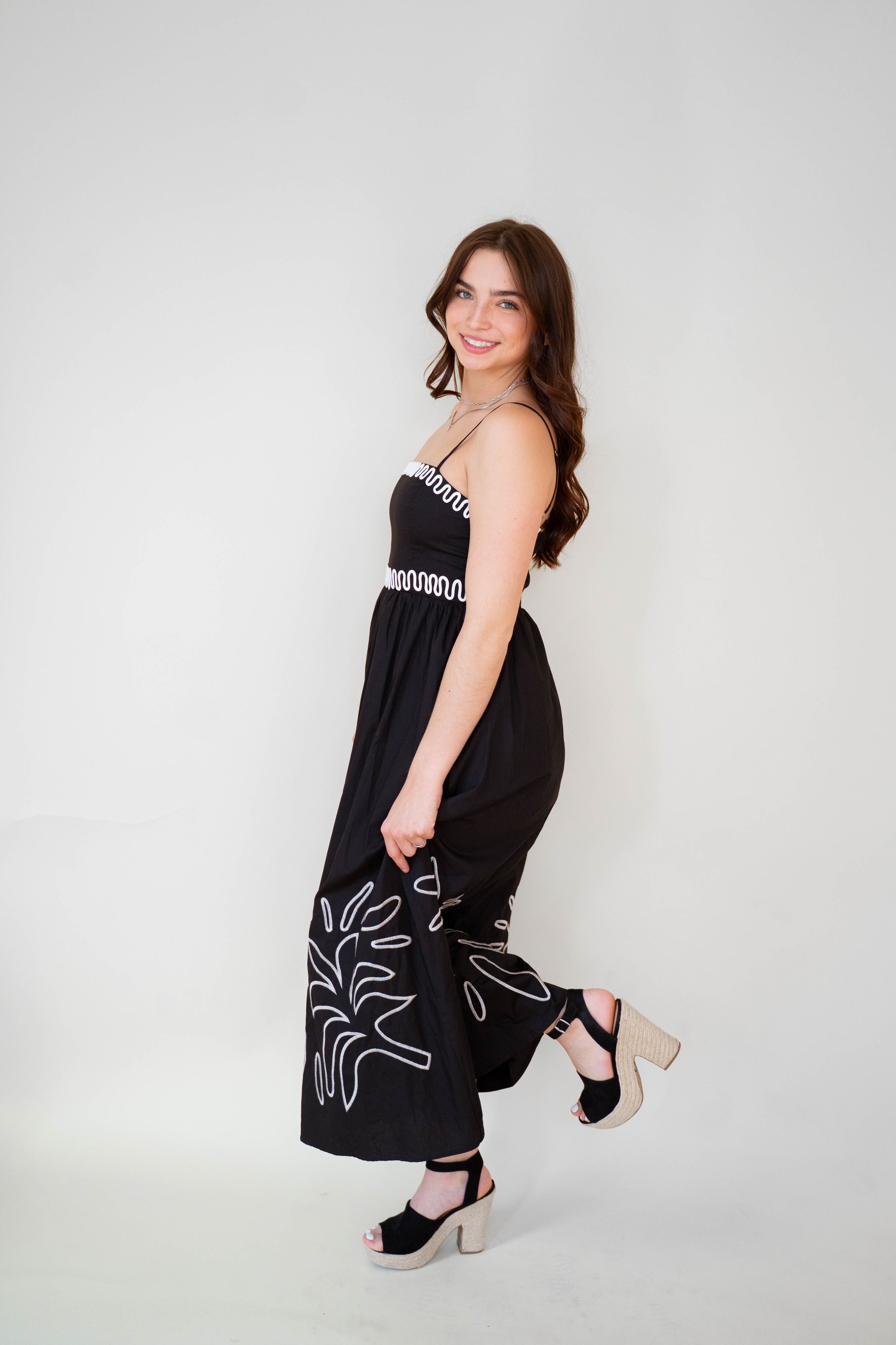 Noir 100% Cotton Embroidered Midi Dress