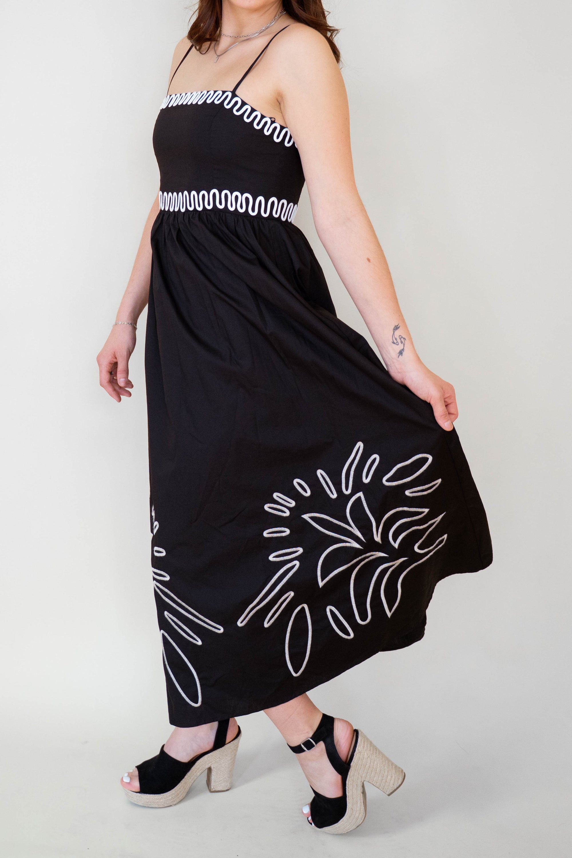 Noir 100% Cotton Embroidered Midi Dress