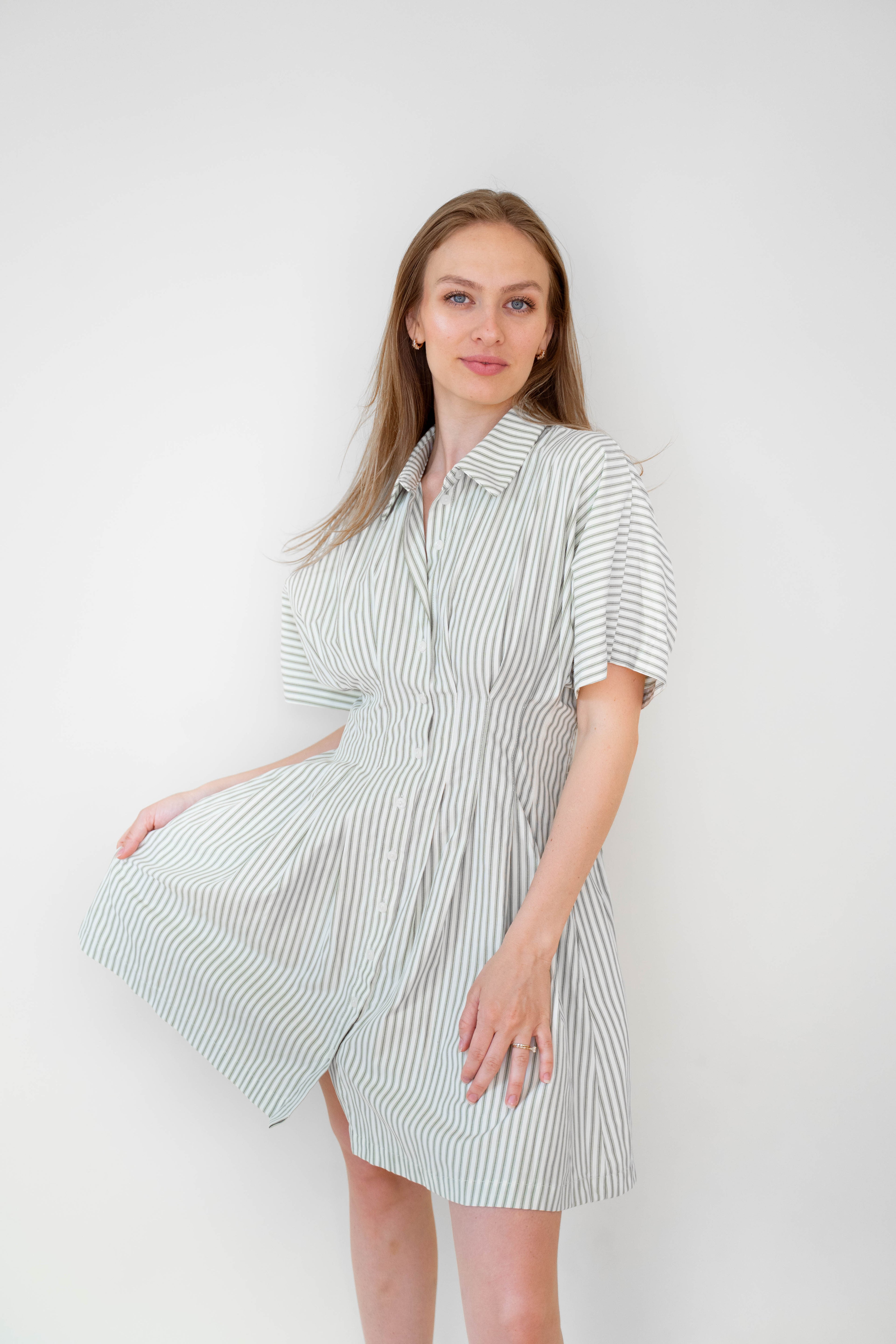 STRIPE BUTTON-DOWN MINI DRESS WITH FITTED WAIST