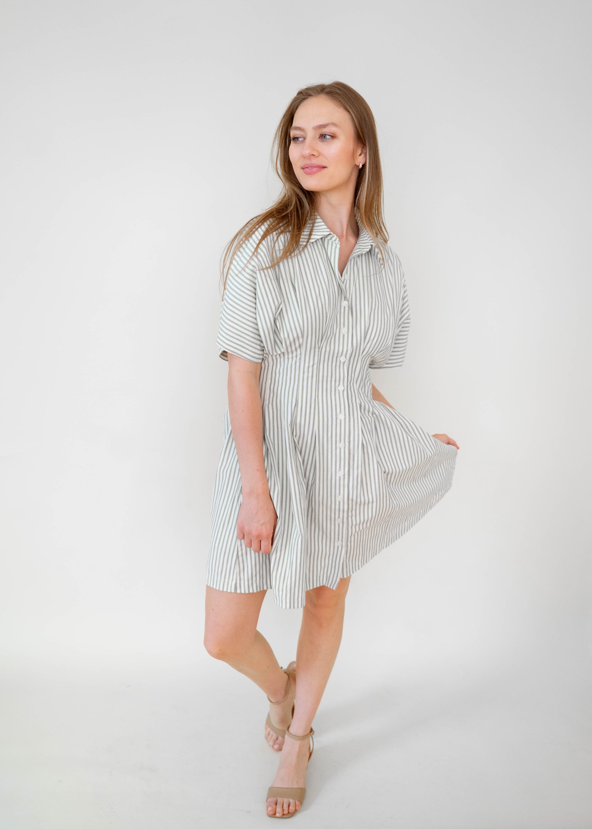 STRIPE BUTTON-DOWN MINI DRESS WITH FITTED WAIST