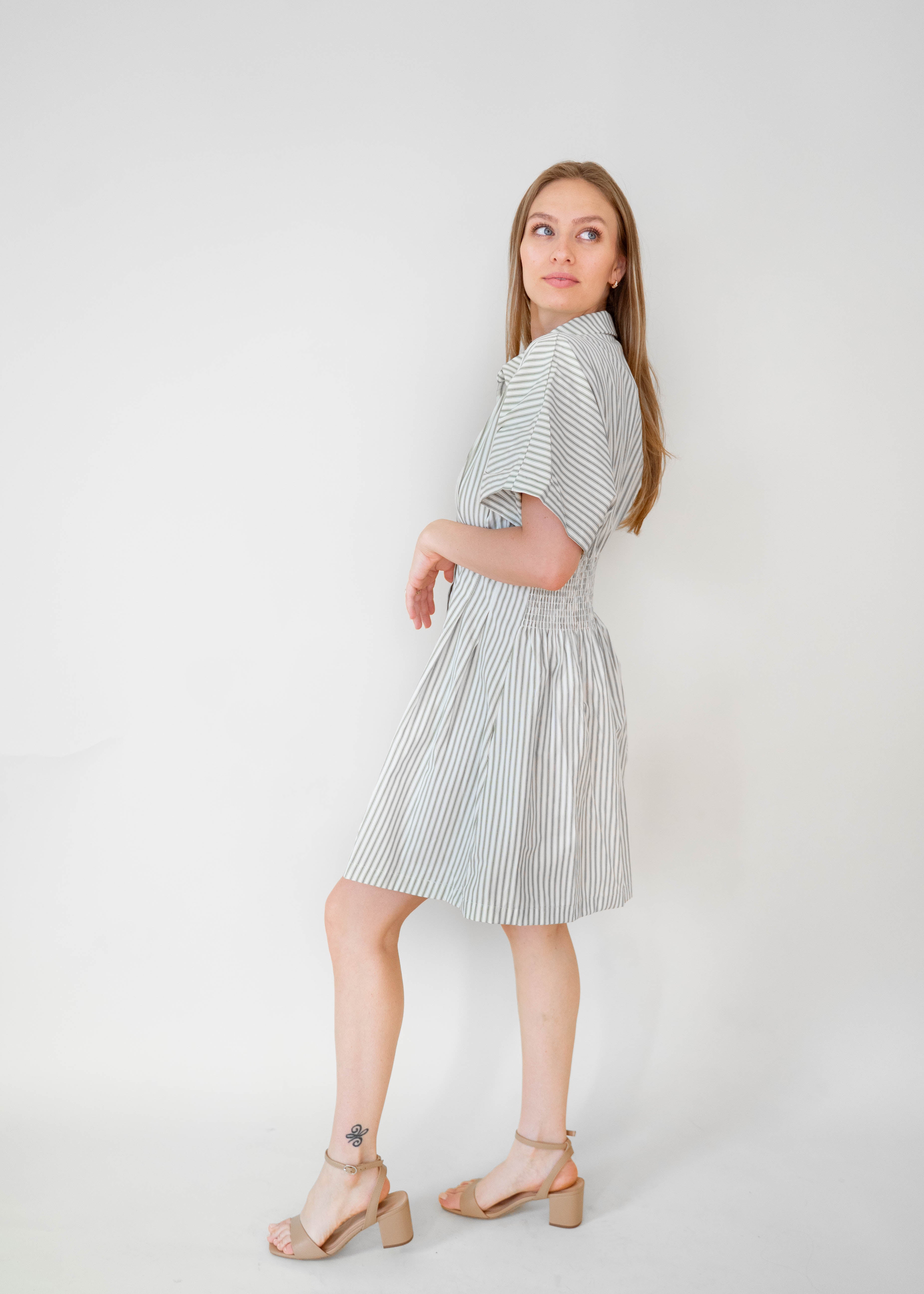 STRIPE BUTTON-DOWN MINI DRESS WITH FITTED WAIST