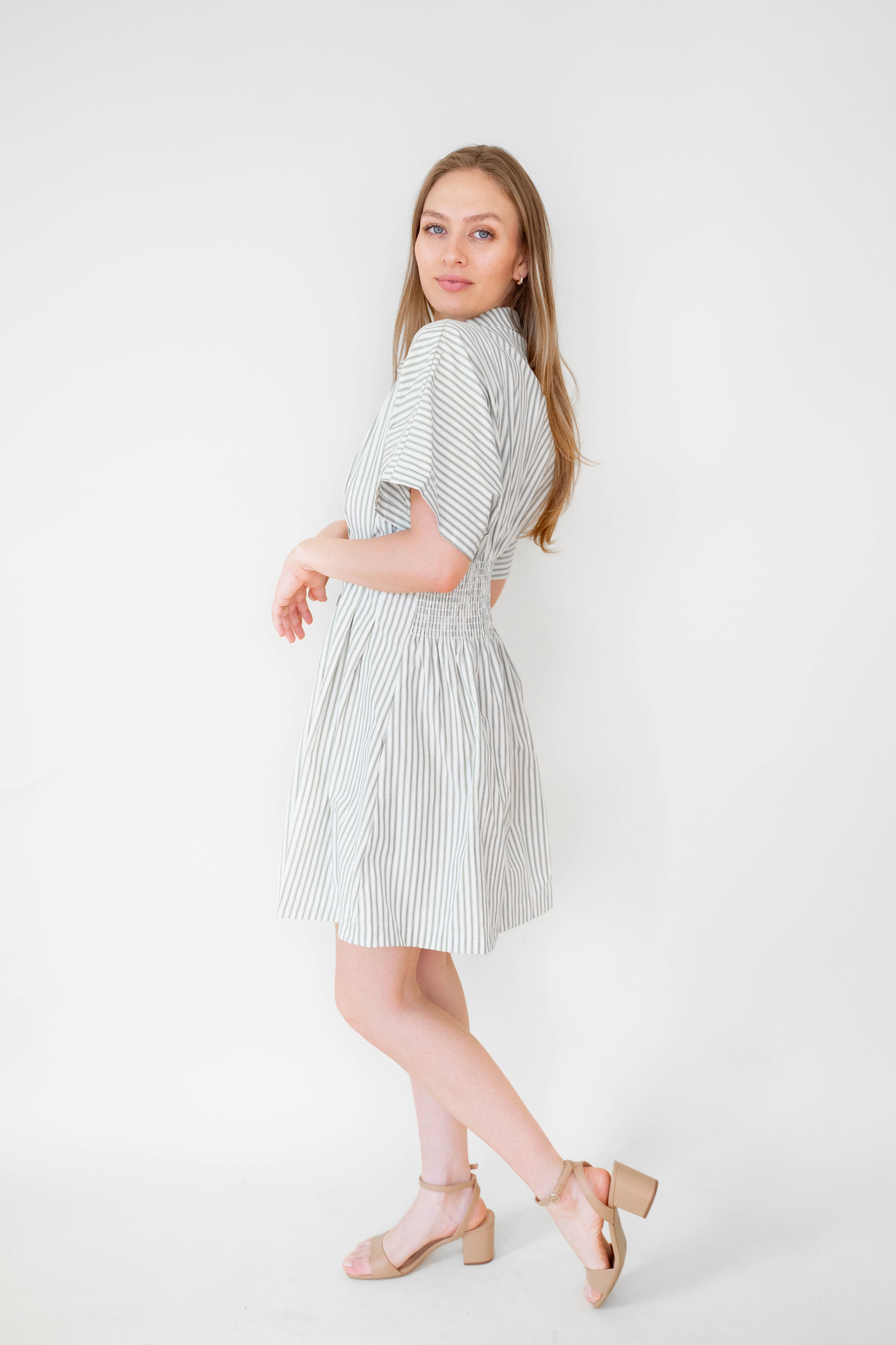 STRIPE BUTTON-DOWN MINI DRESS WITH FITTED WAIST