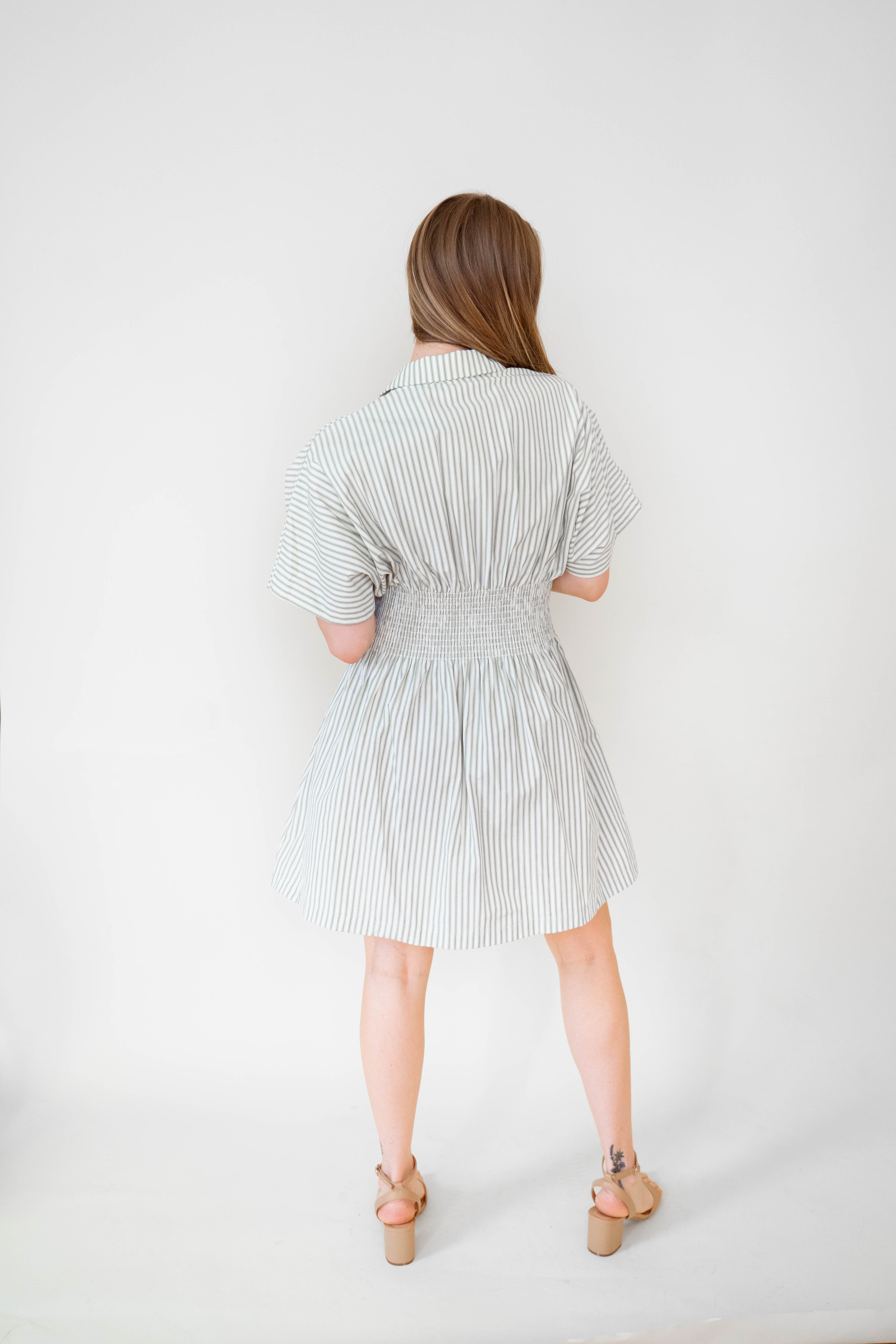 STRIPE BUTTON-DOWN MINI DRESS WITH FITTED WAIST