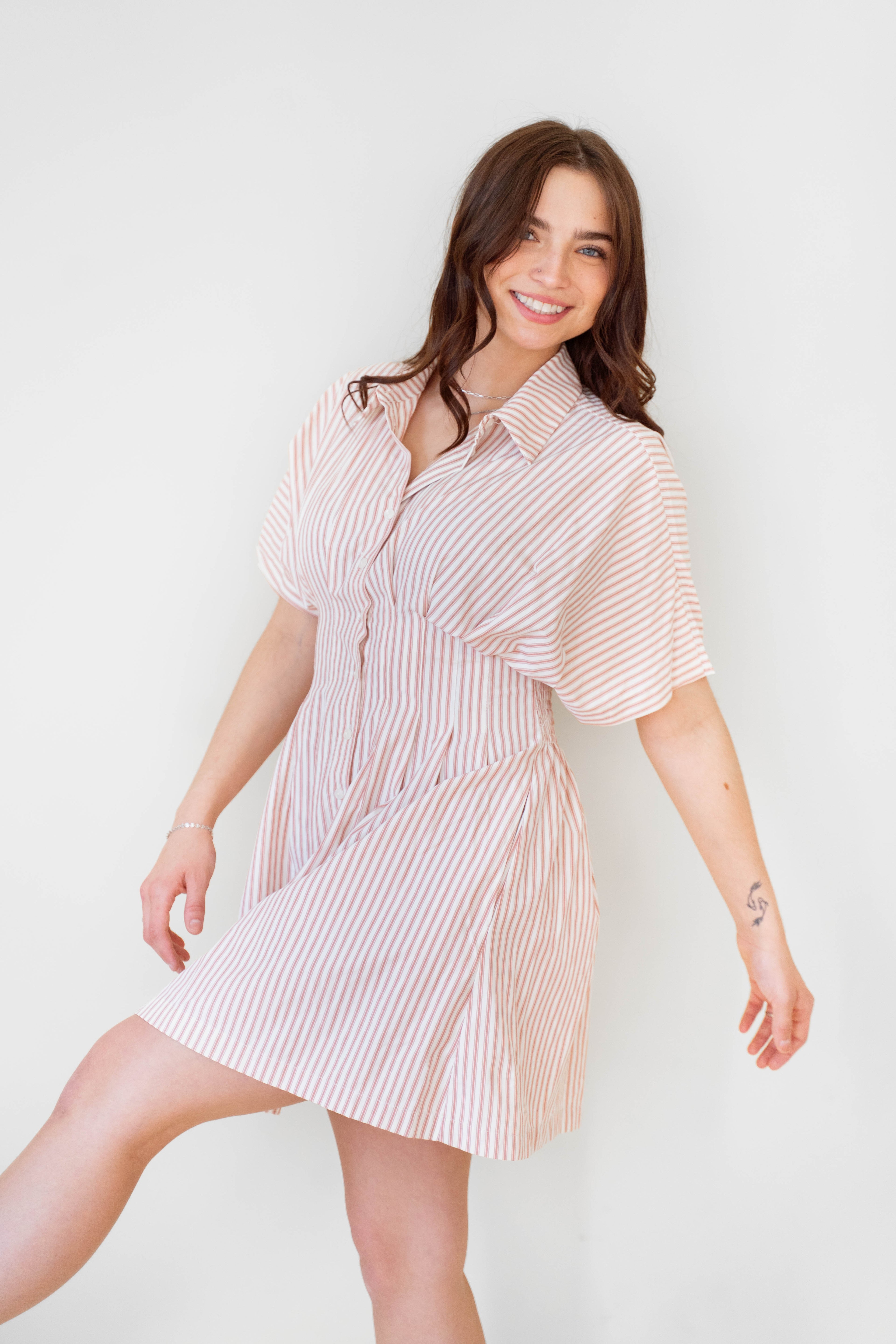 STRIPE BUTTON-DOWN MINI DRESS WITH FITTED WAIST