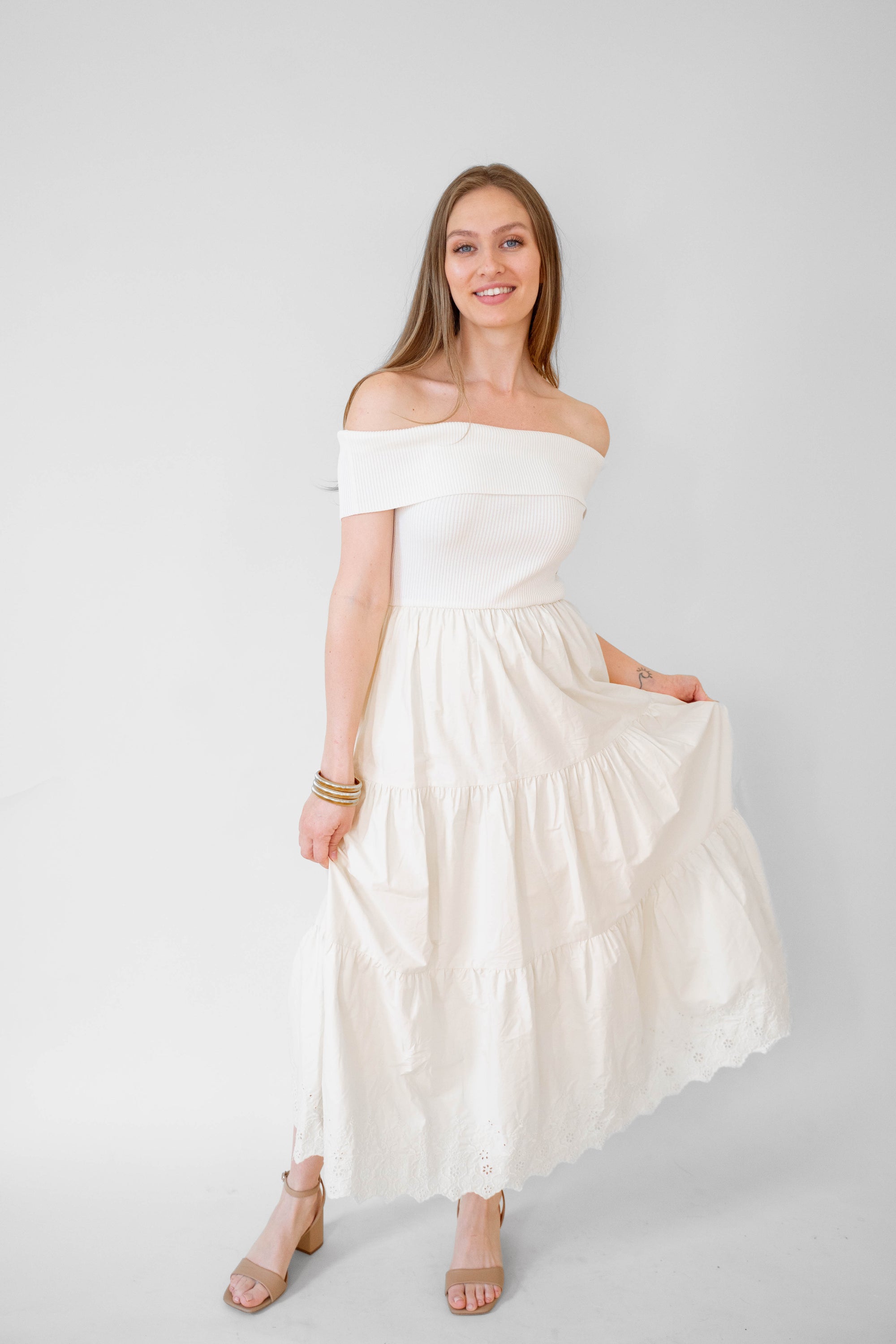 Cream Mix Media Cotton Dress