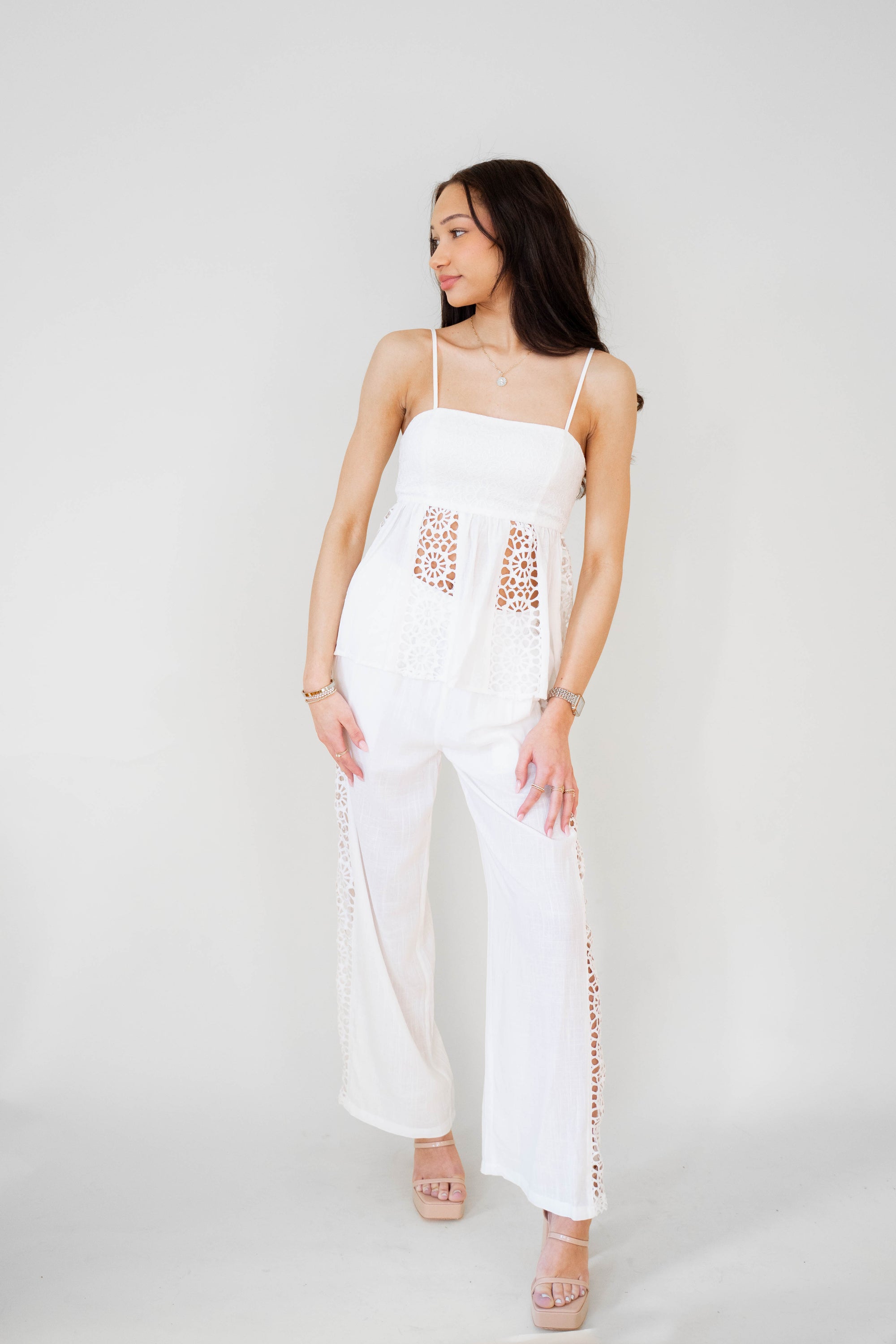 Crochet Side Trim Wide Leg Linen Blend Pant - White