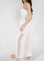 Crochet Side Trim Wide Leg Linen Blend Pant - White