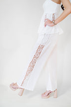 Crochet Side Trim Wide Leg Linen Blend Pant - White
