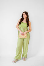 Peplum Top With Lace Border Detail- Pistachio Green