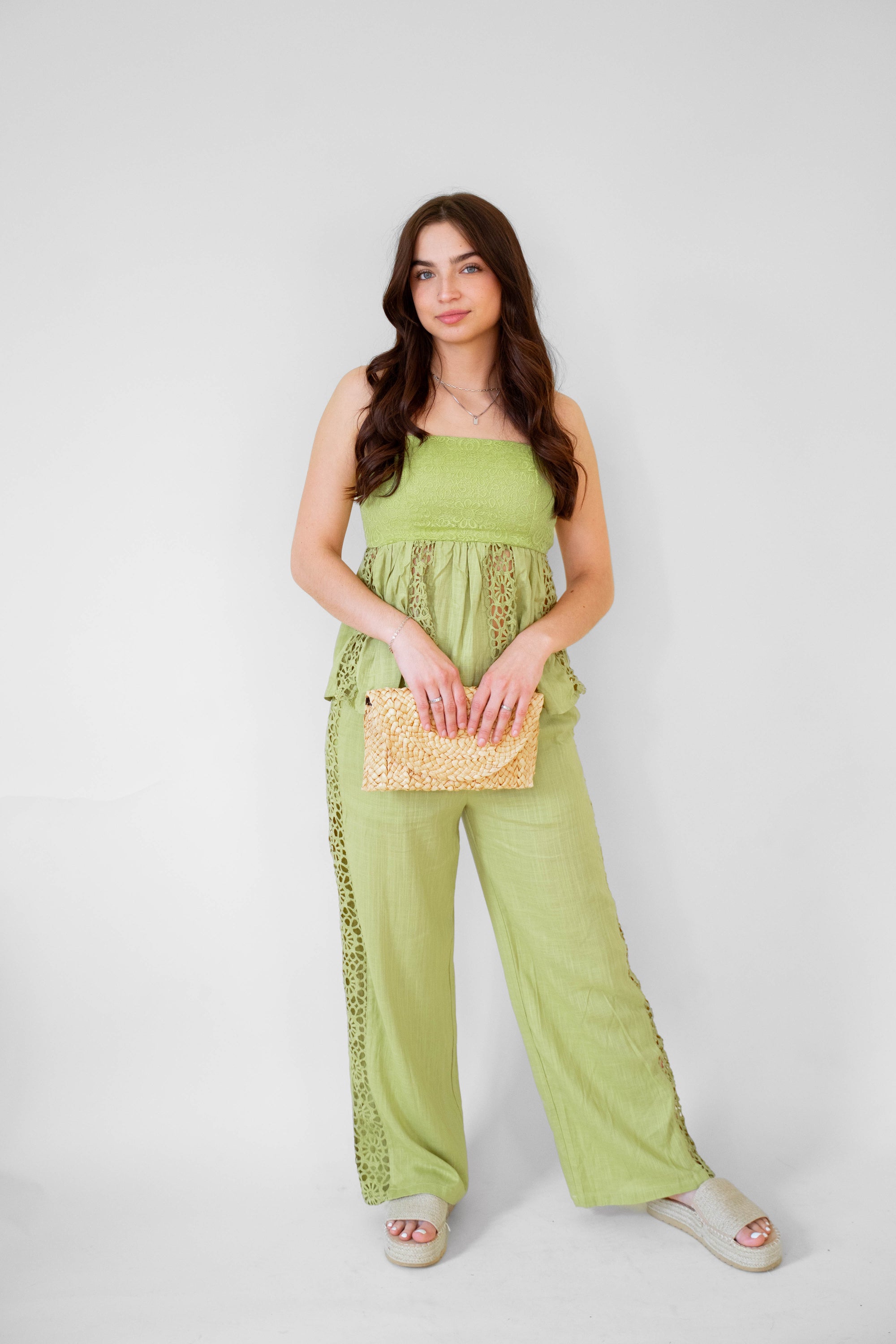 Wide Leg Crochet Lace Trim Pant- Pistachio Green