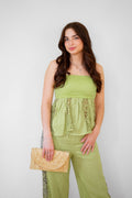 Peplum Top With Lace Border Detail- Pistachio Green