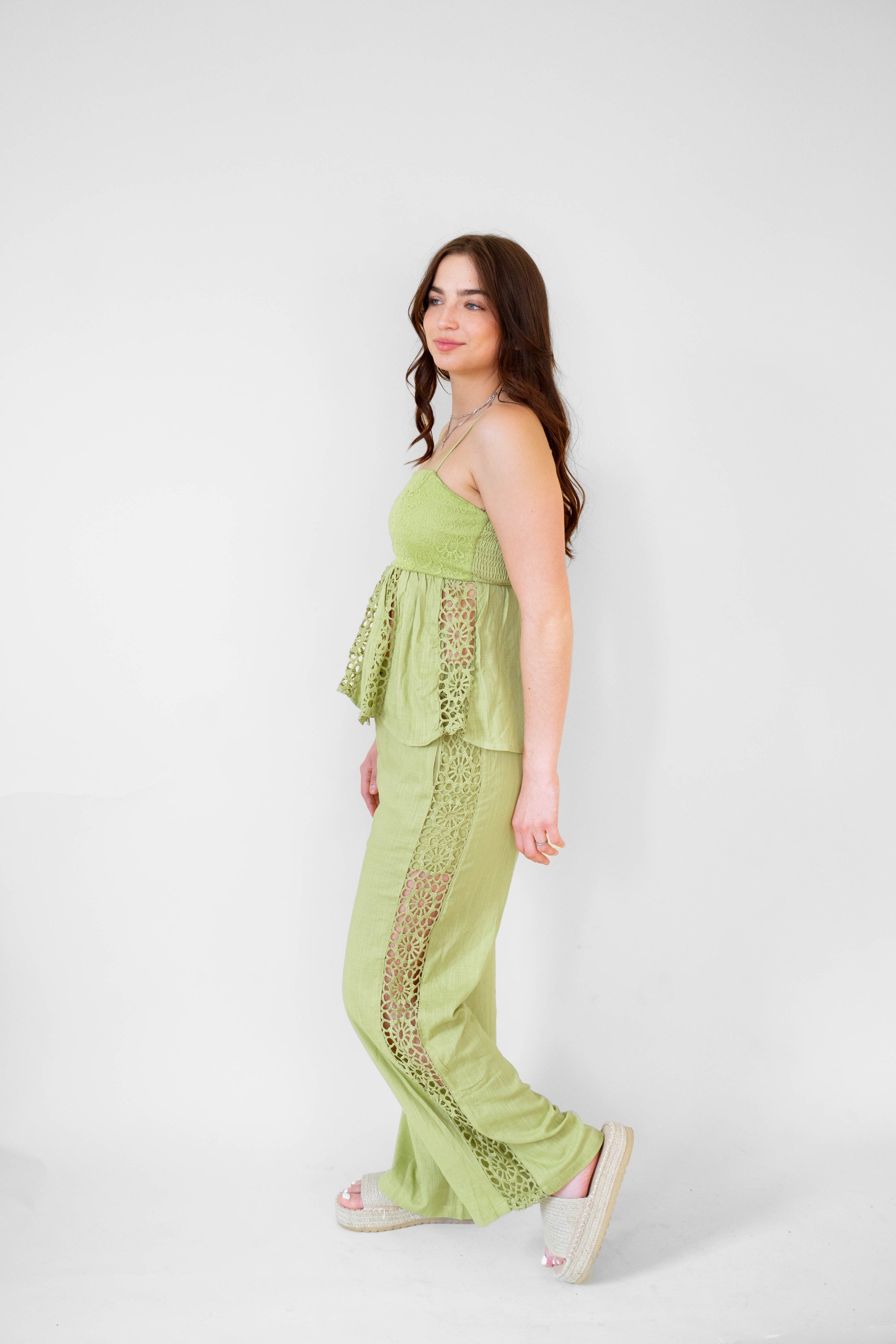 Peplum Top With Lace Border Detail- Pistachio Green