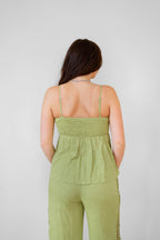 Peplum Top With Lace Border Detail- Pistachio Green