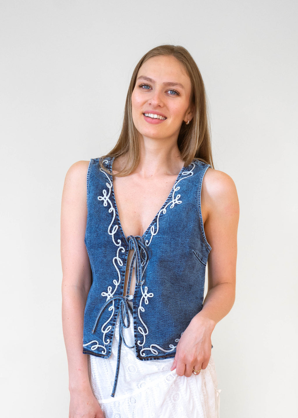 Embroidered Denim Tie Vest