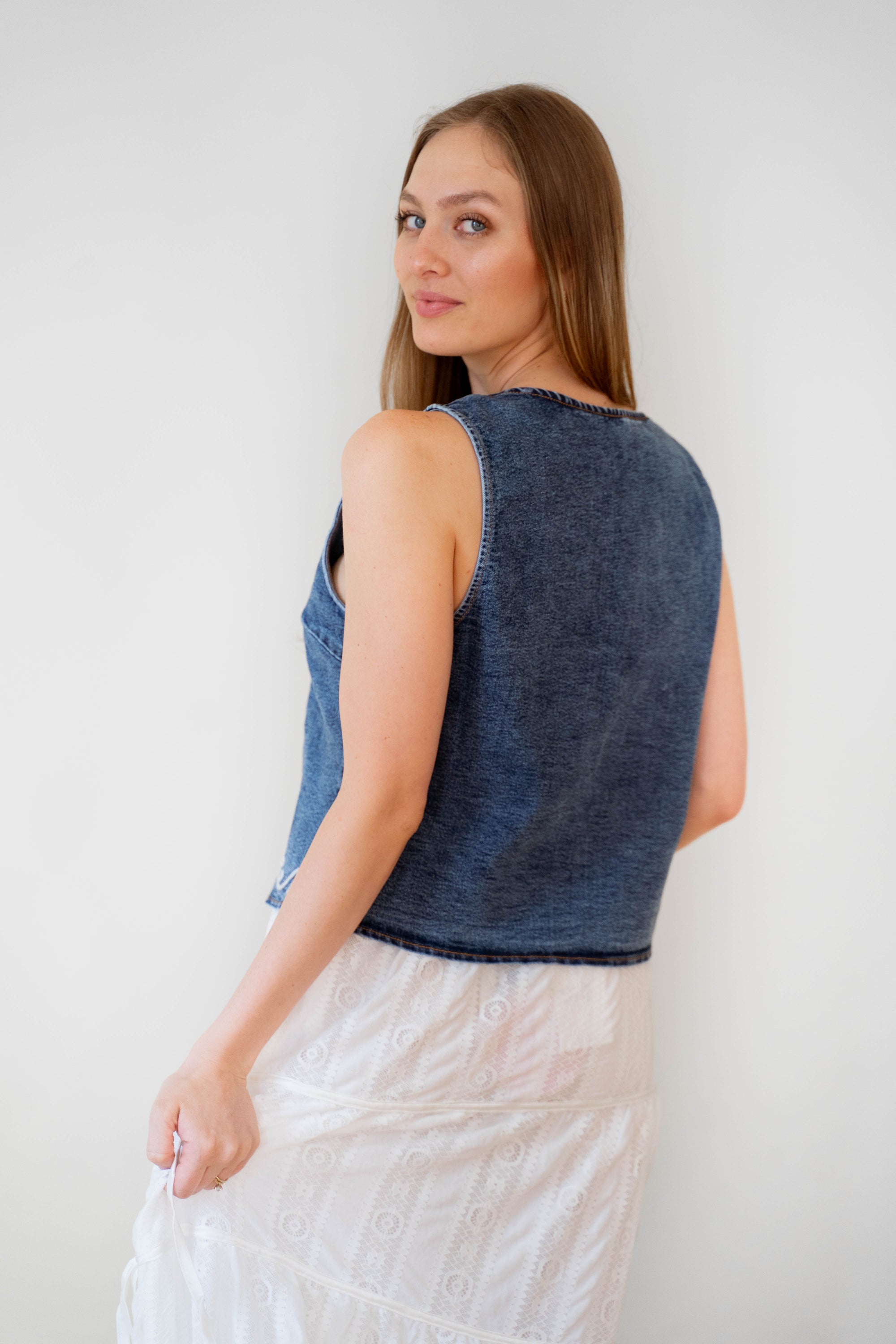 Embroidered Denim Tie Vest