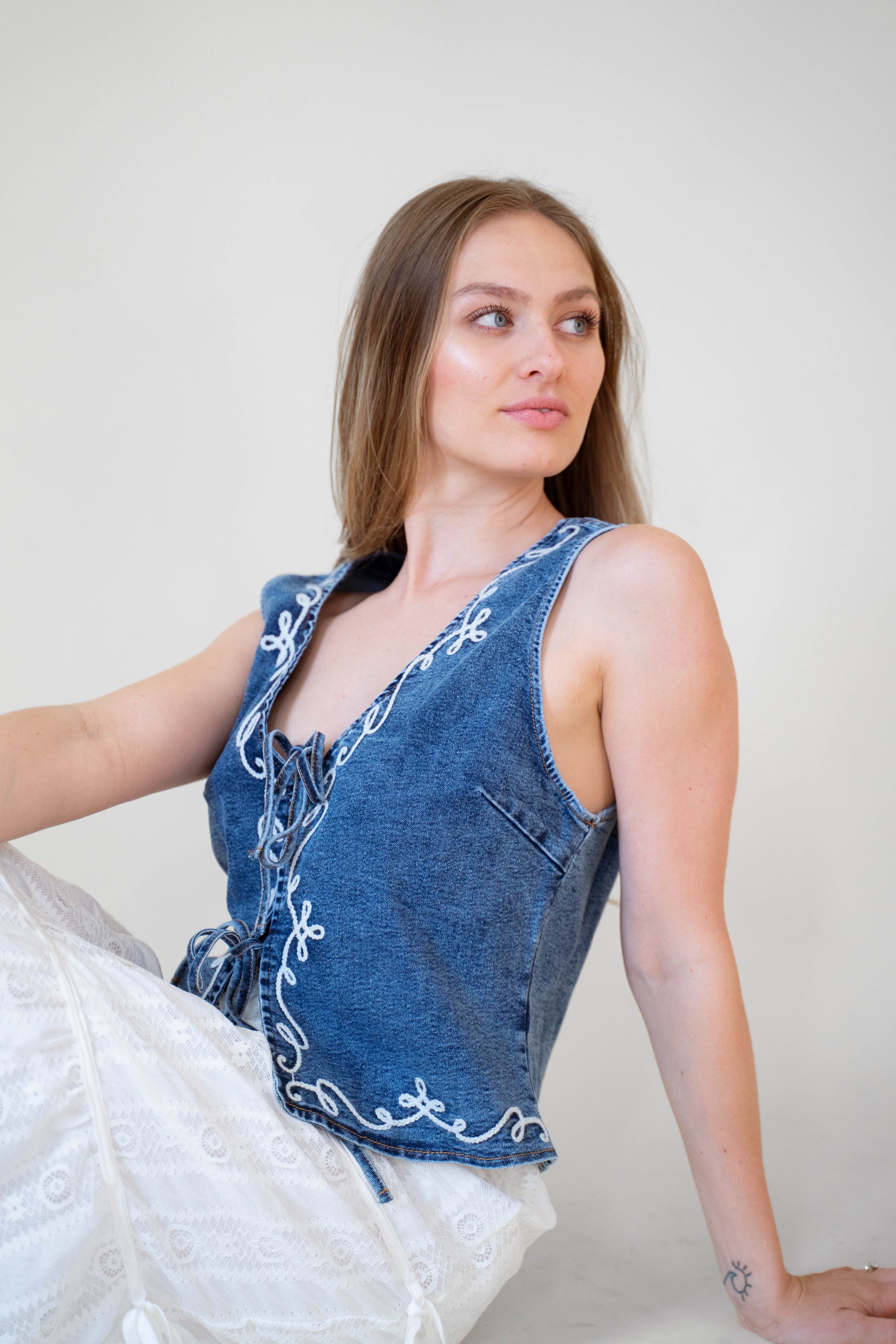 Embroidered Denim Tie Vest