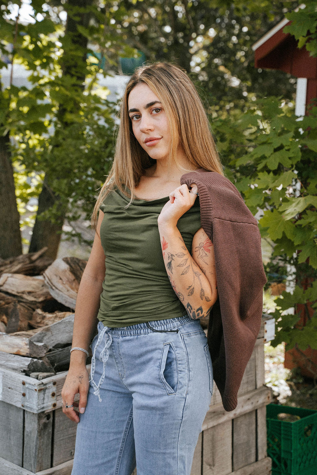 Olive Green Ruched Off-Shoulder Top