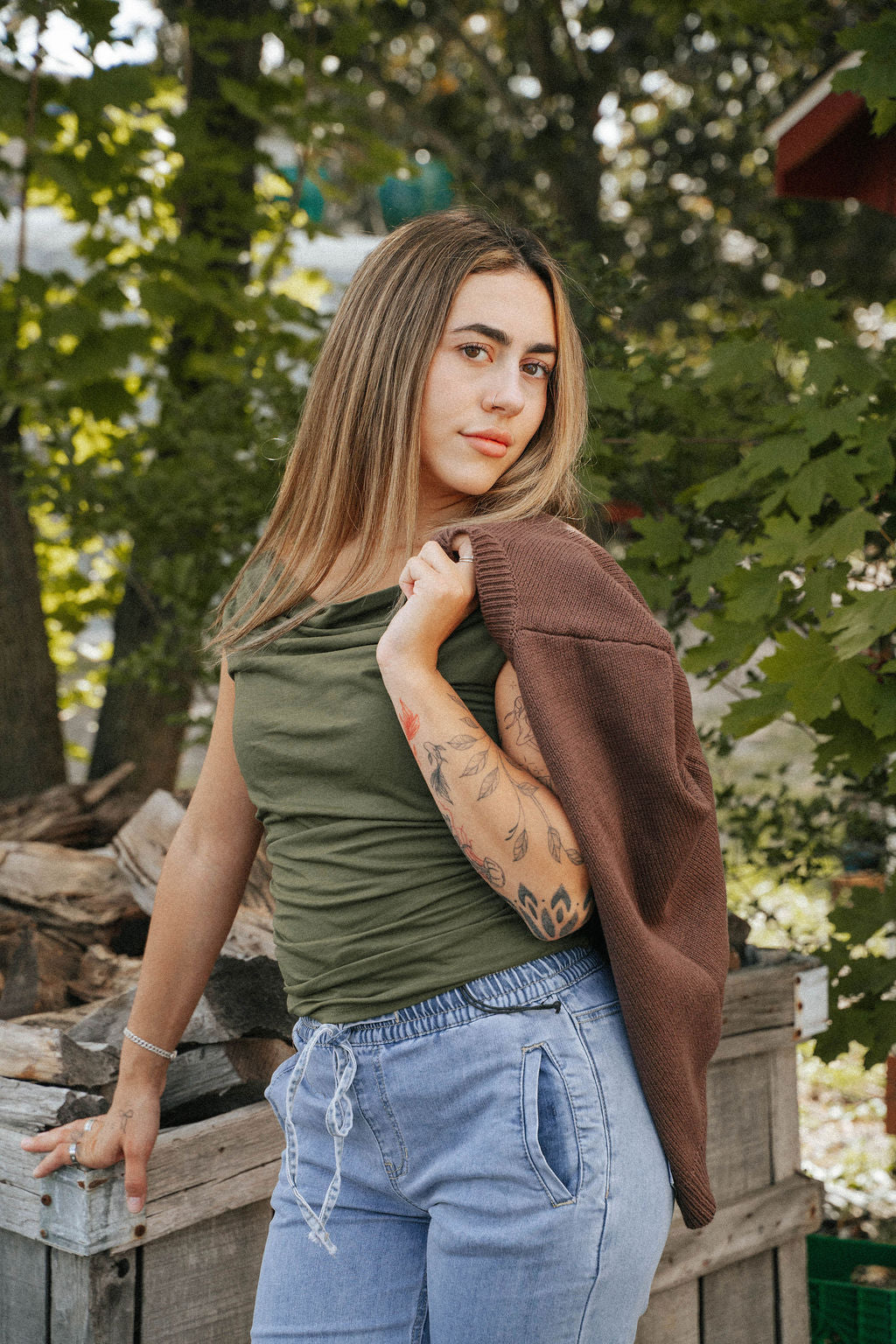 Olive Green Ruched Off-Shoulder Top