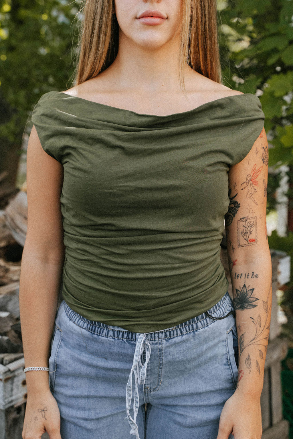 Olive Green Ruched Off-Shoulder Top