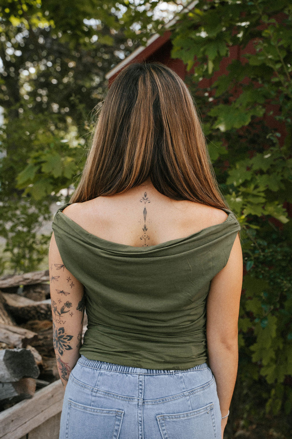 Olive Green Ruched Off-Shoulder Top