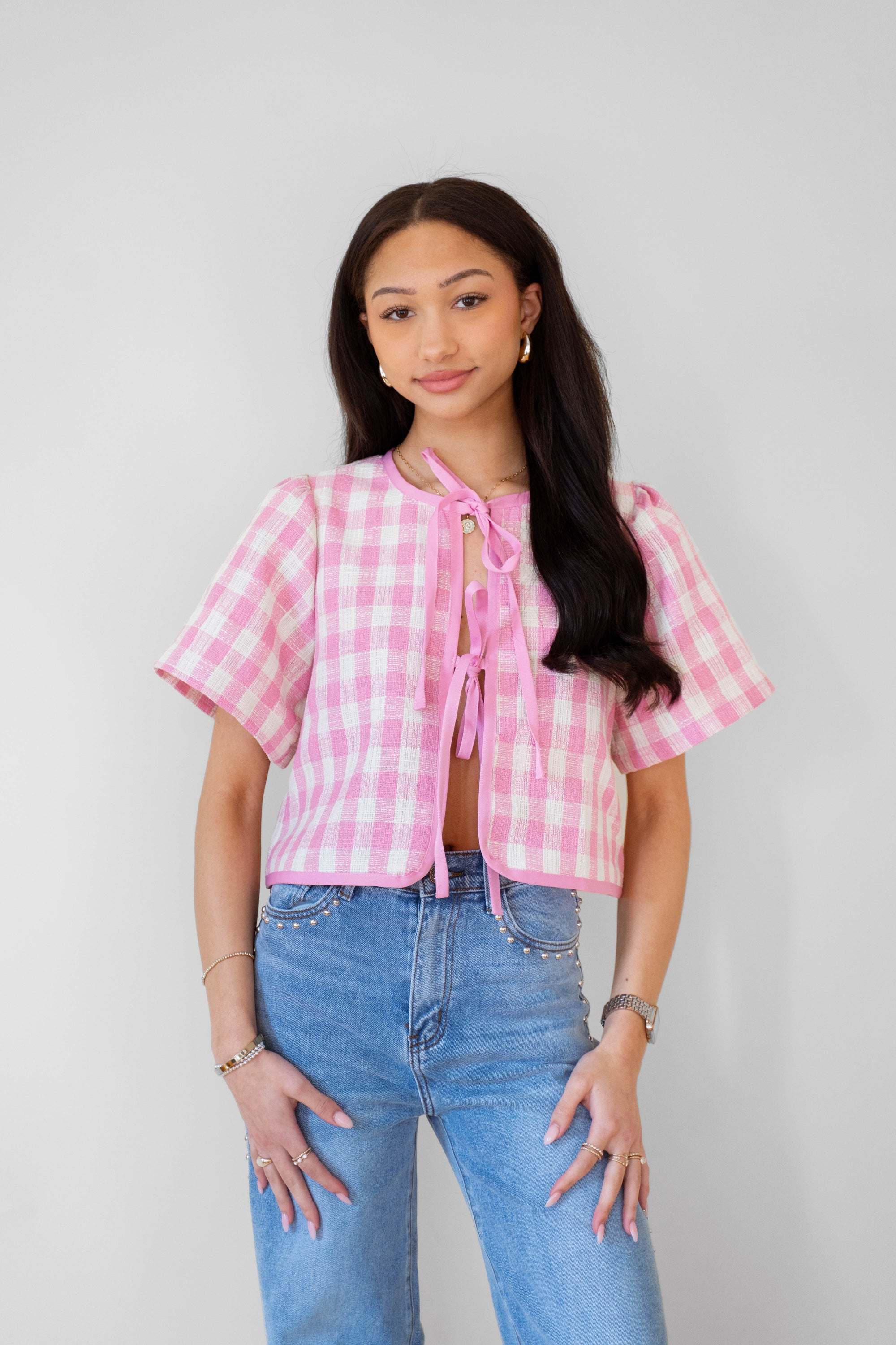 Pink Gingham Plaid Top