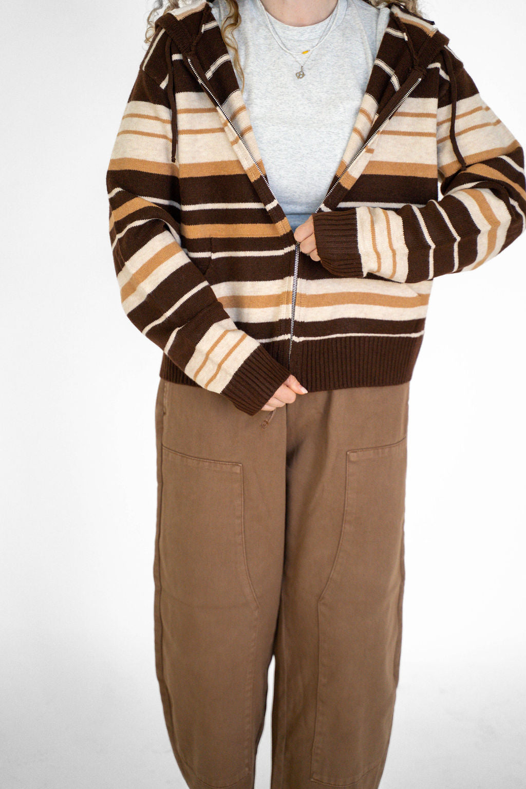 Cocoa Stripe Zip Up Sweater Hoodie